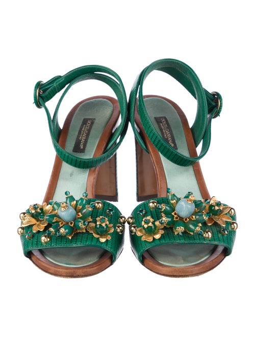 Dolce & Gabbana Embossed Leather Crystal Embellishments Sandals