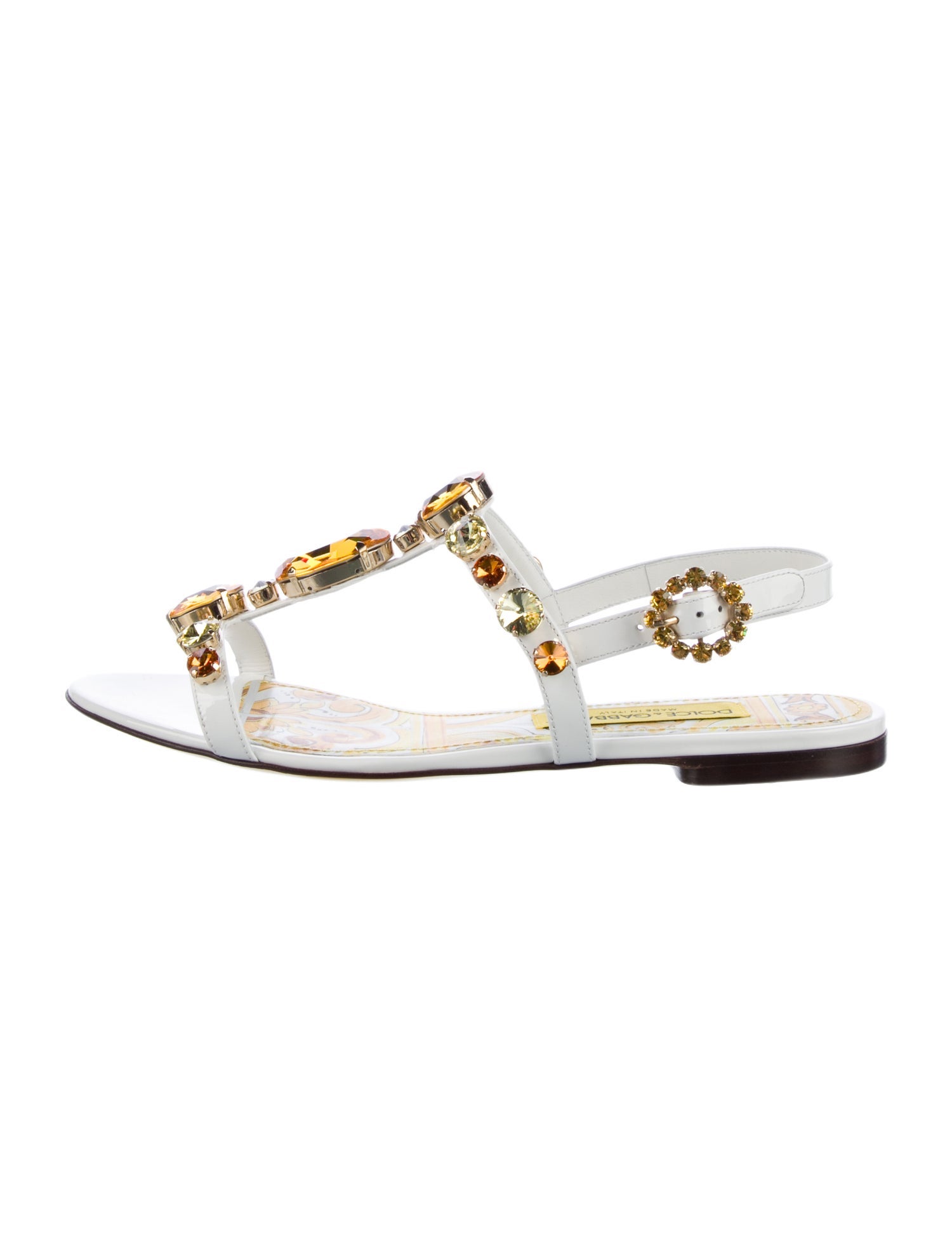Dolce & Gabbana Majolica Print Patent Leather T-Strap Sandals w/ Tags