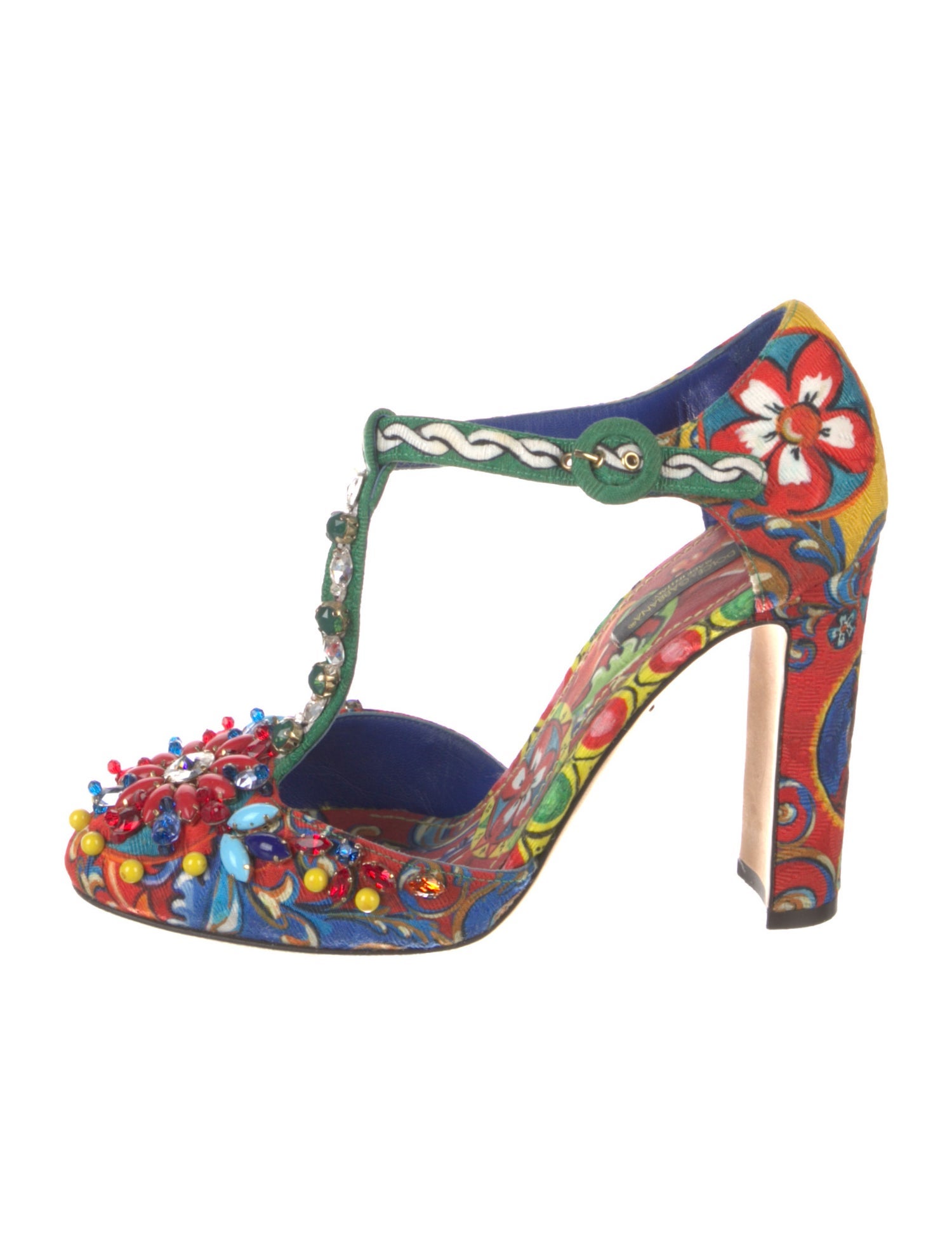 Dolce & Gabbana Majolica Print Canvas T-Strap Pumps