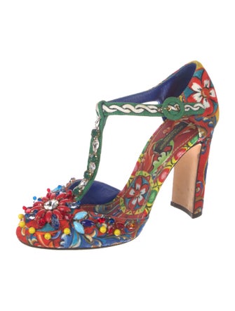 Dolce & Gabbana Majolica Print Canvas T-Strap Pumps