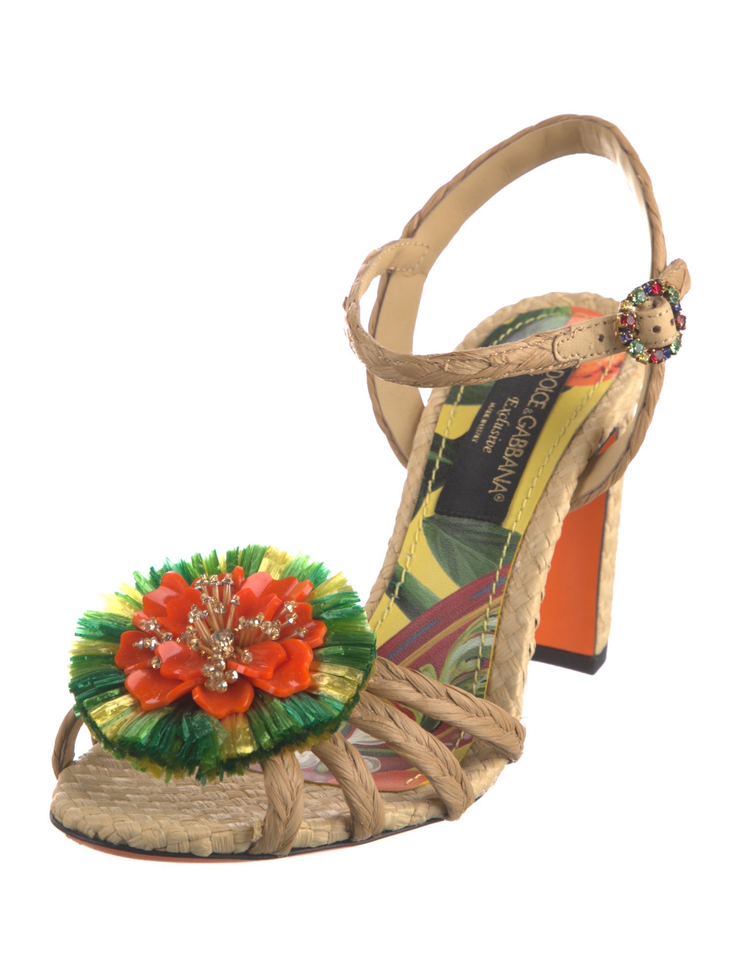 Dolce & Gabbana Straw Crystal Embellishments T-Strap Sandals