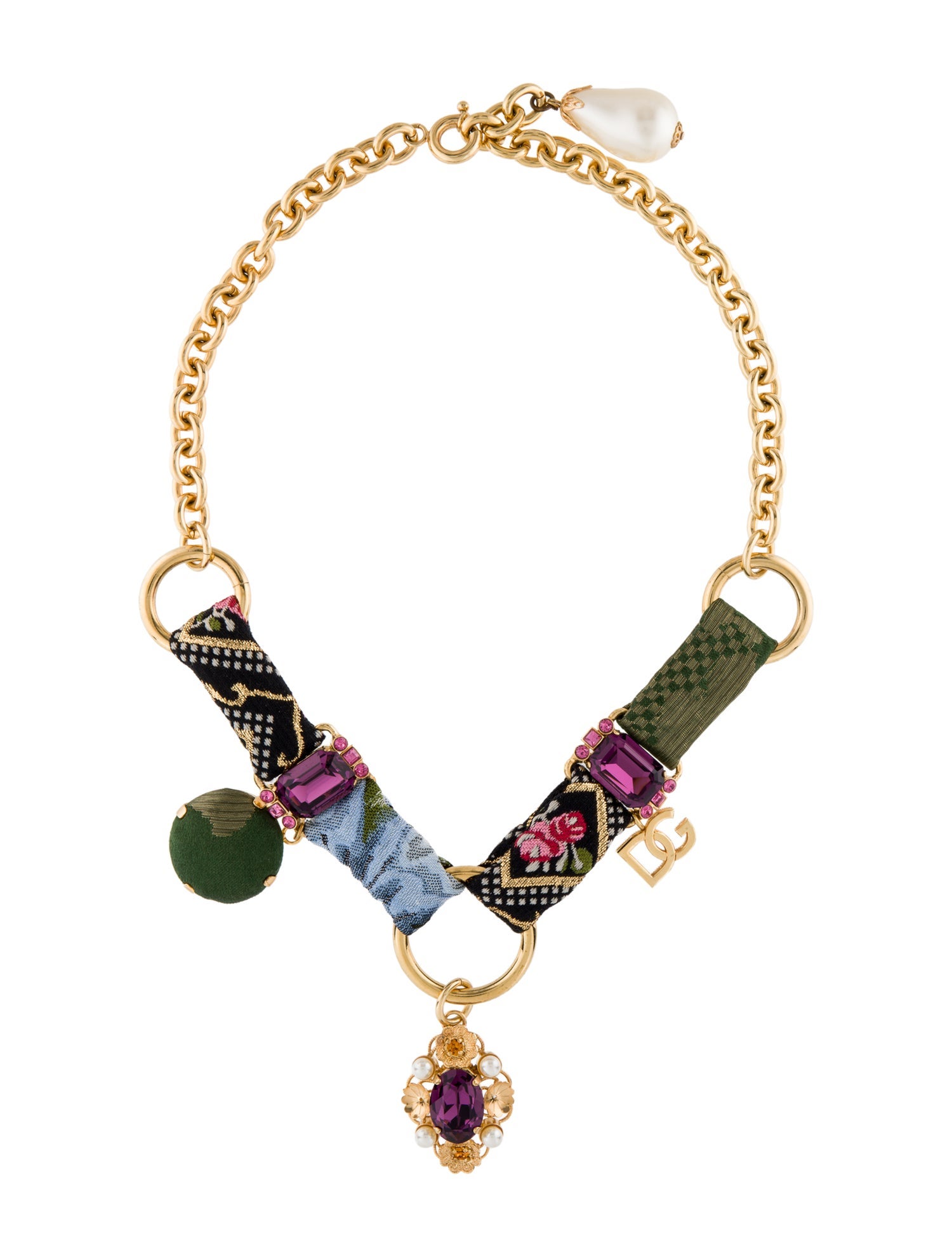 Dolce & Gabbana Faux Pearl Crystal & Fabric Collar Necklace