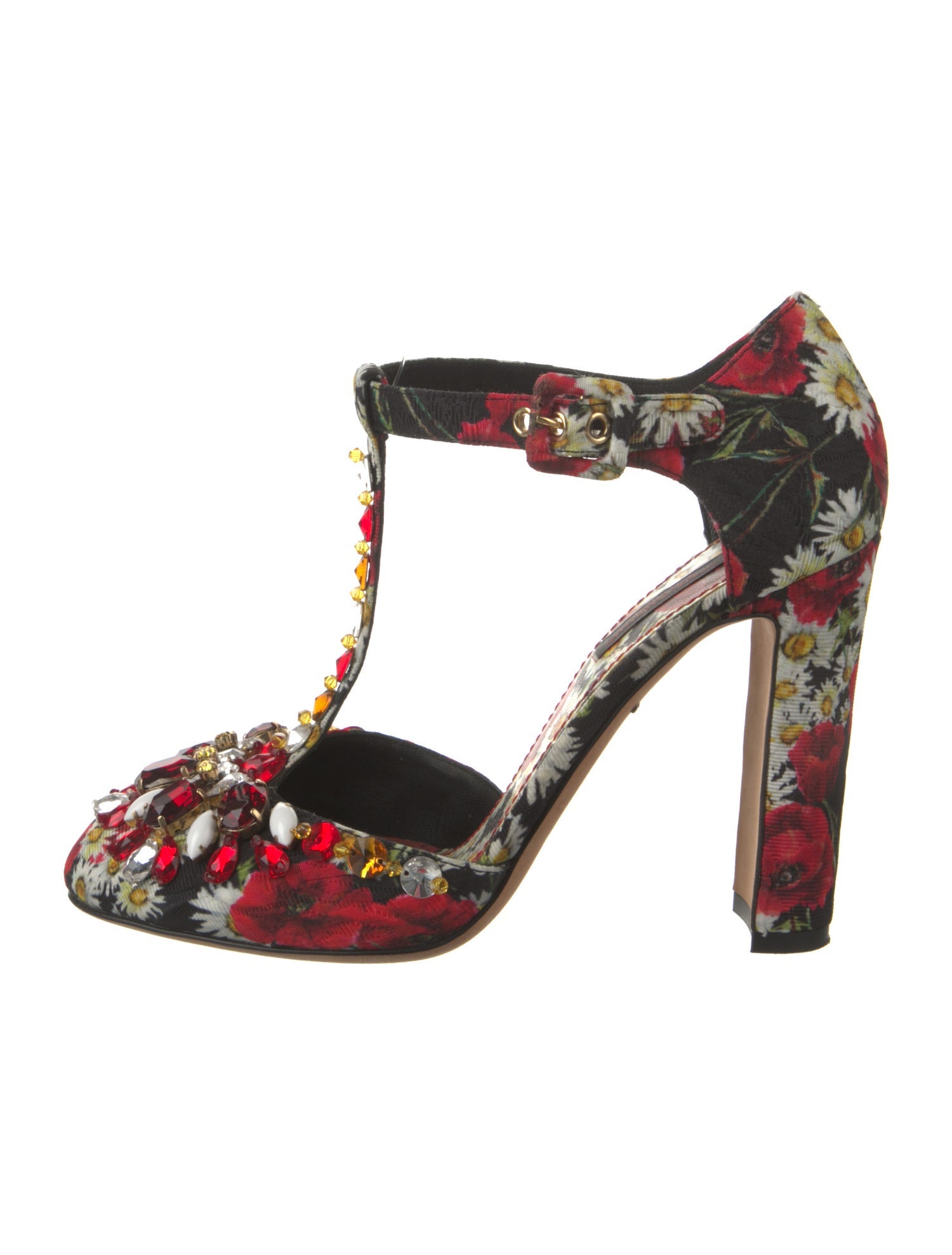 Dolce & Gabbana Floral Print Crystal Embellishments T-Strap Pumps