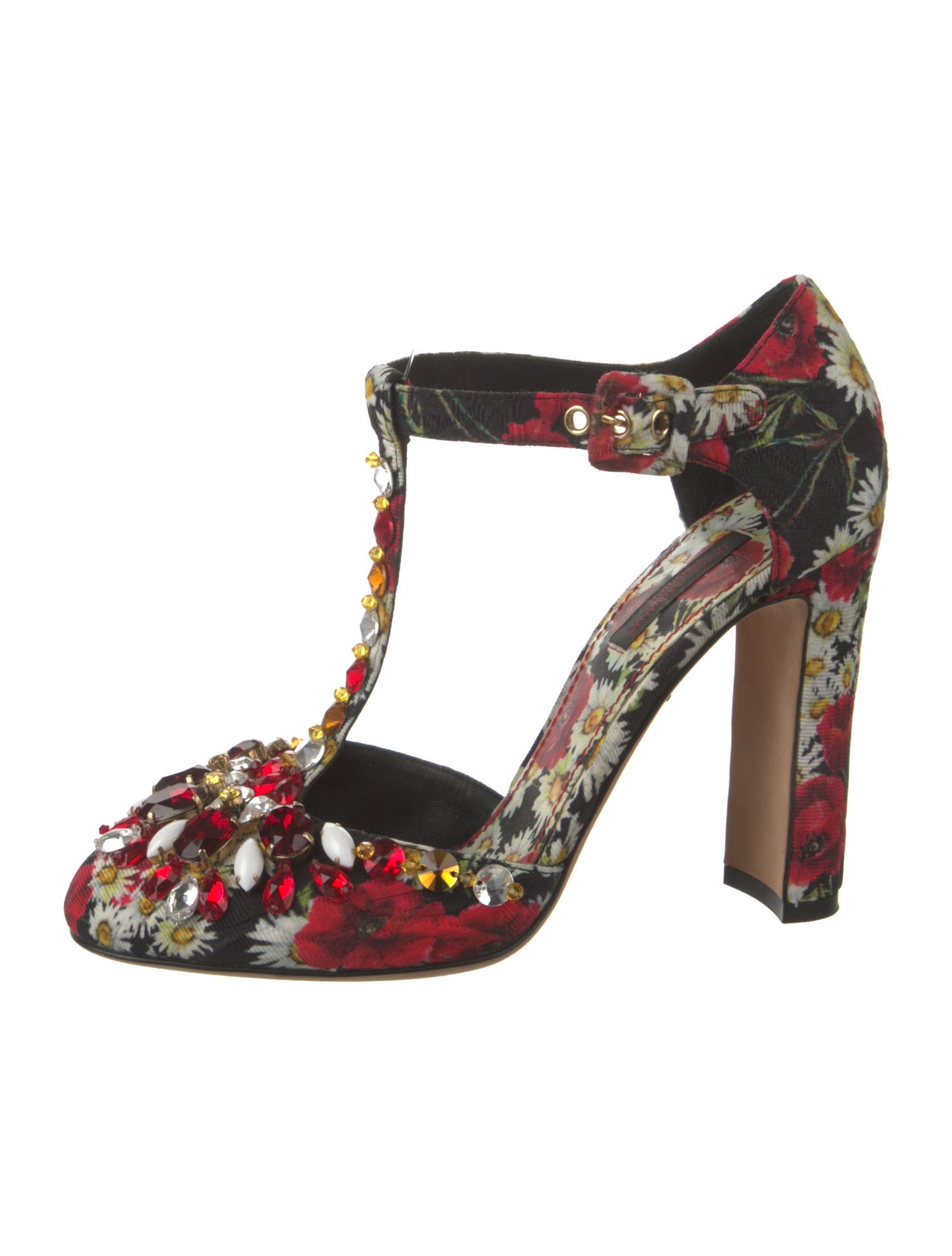 Dolce & Gabbana Floral Print Crystal Embellishments T-Strap Pumps