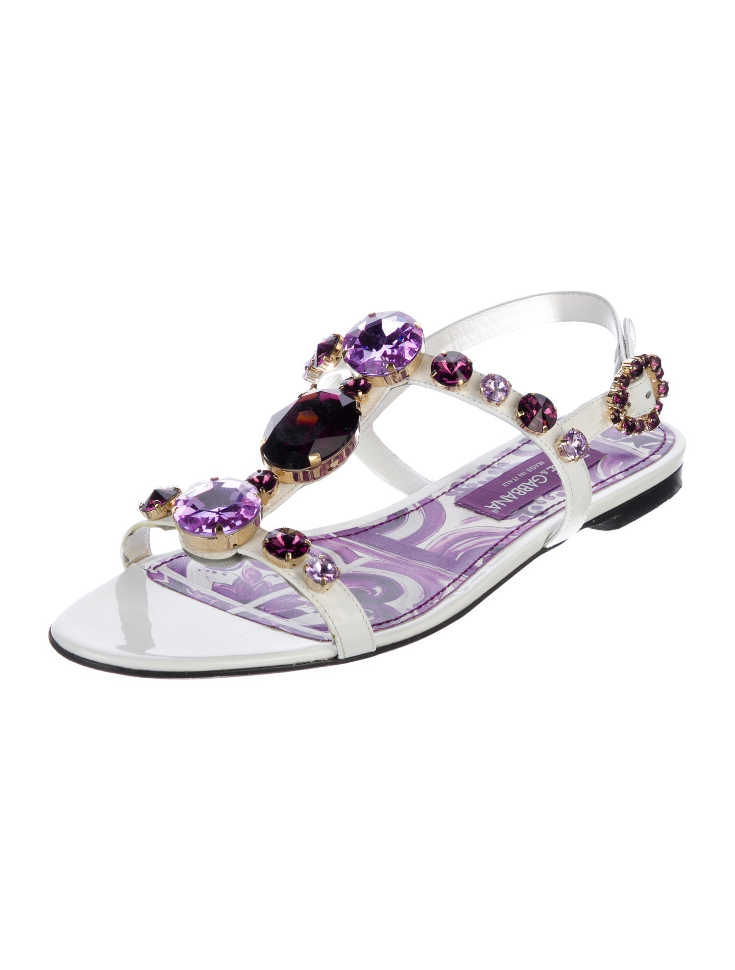 Dolce & Gabbana Patent Leather Crystal Embellishments T-Strap Sandals