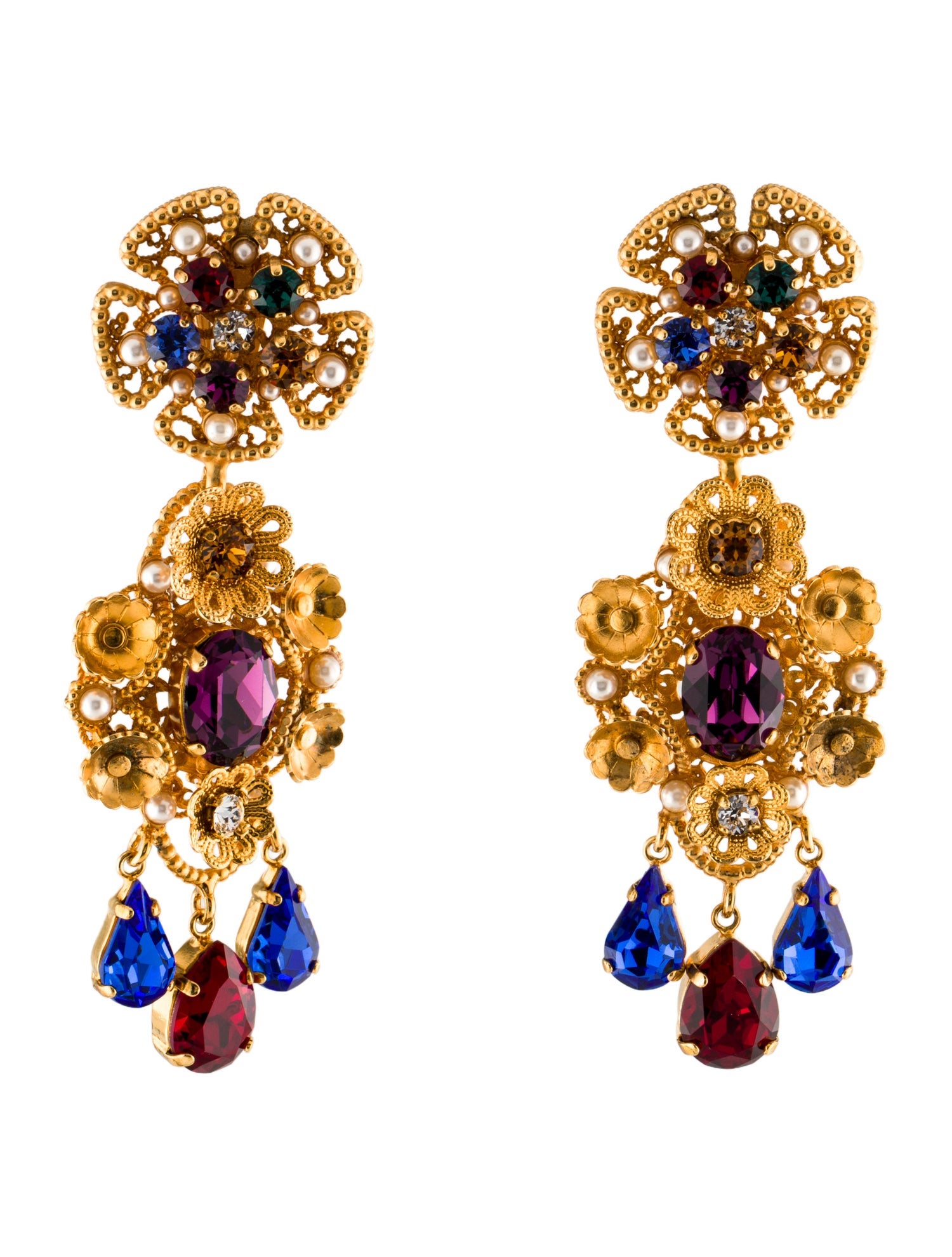 Dolce & Gabbana Faux Pearl & Crystal Flower Drop Clip-On Earrings