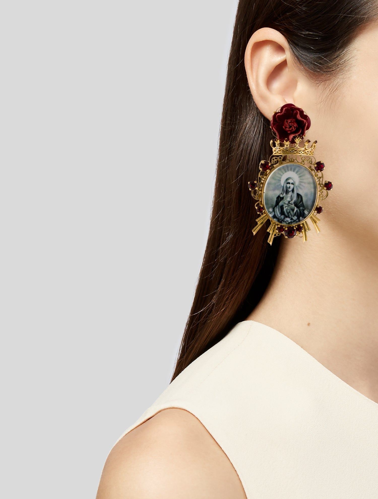 Dolce & Gabbana Resin and Crystal Mother Mary Drop Earrings