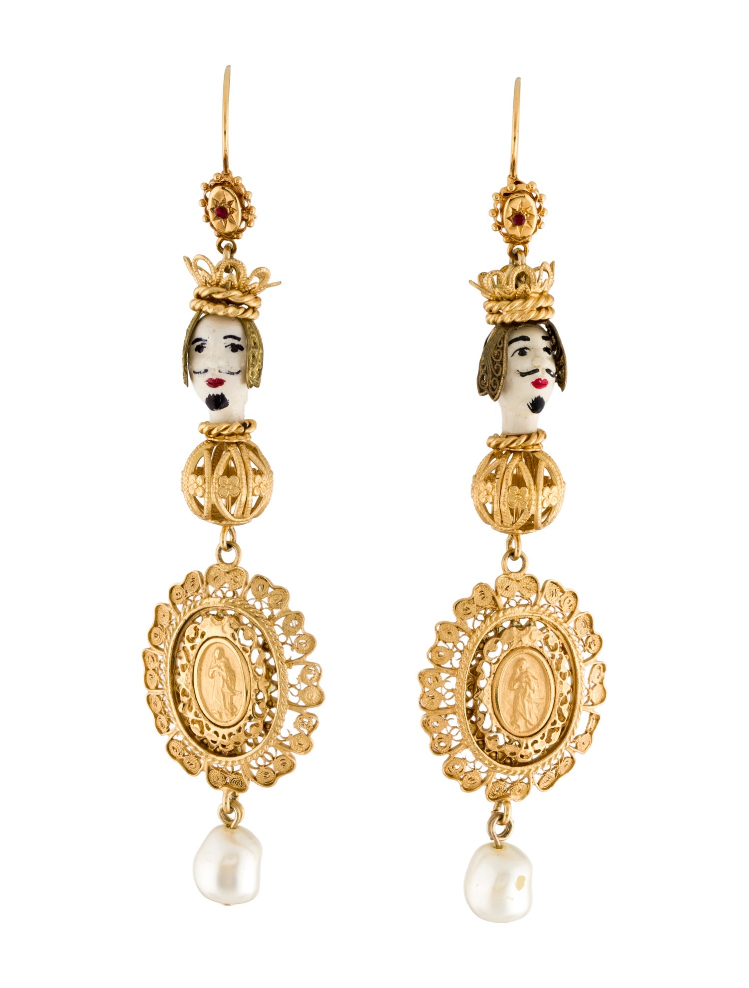 Dolce & Gabbana Faux Pearl, Crystal & Resin Marionette Ornate Drop Earrings.