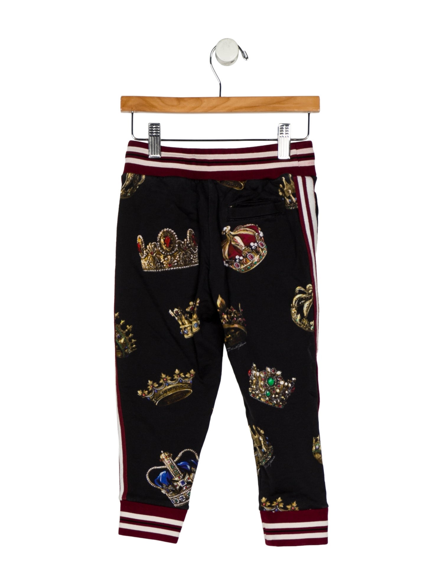 Dolce & Gabbana Black sweatpants with burgundy trim and gold printed accents with drawstring waist