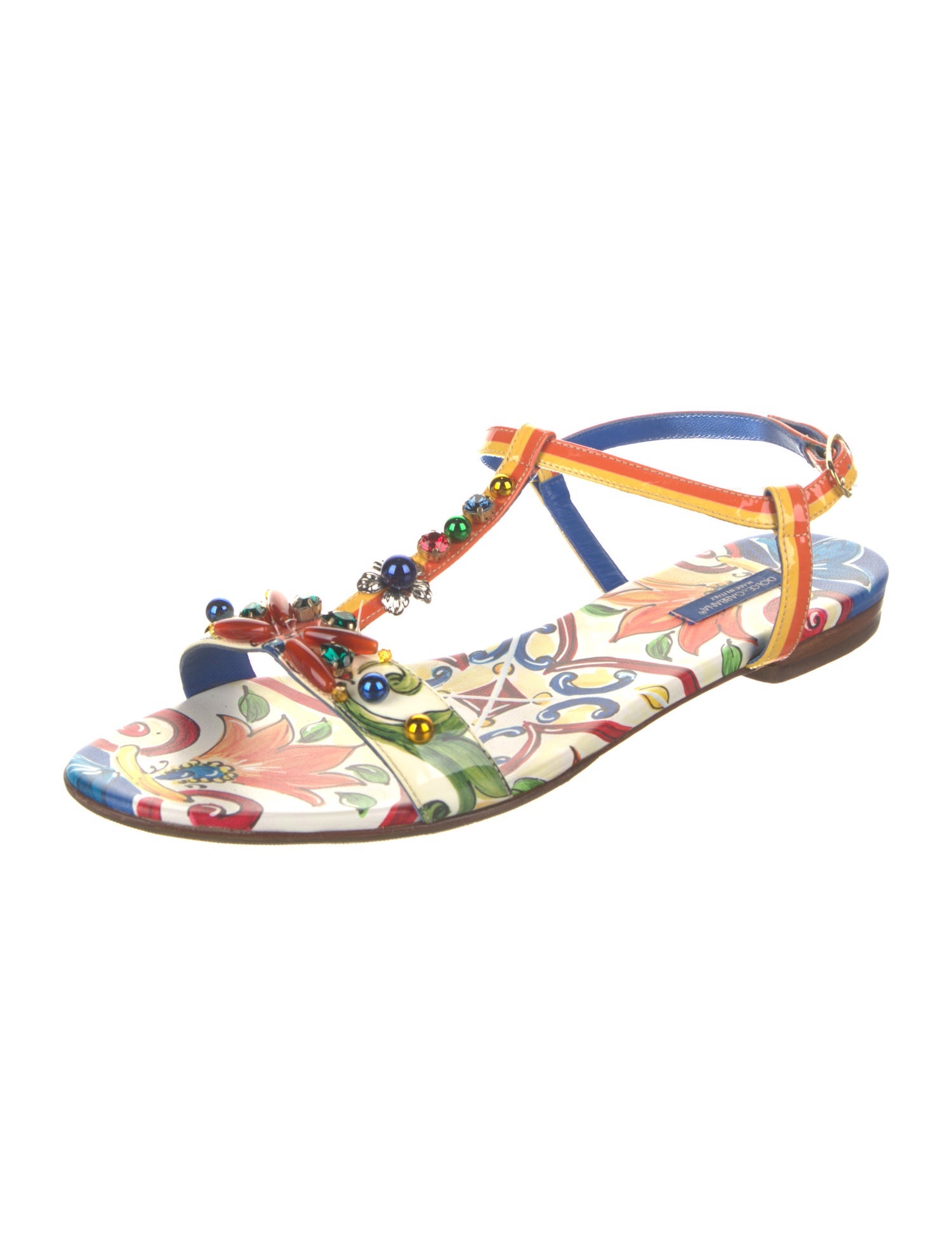 Dolce & Gabbana Leather Floral Print T-Strap Sandals