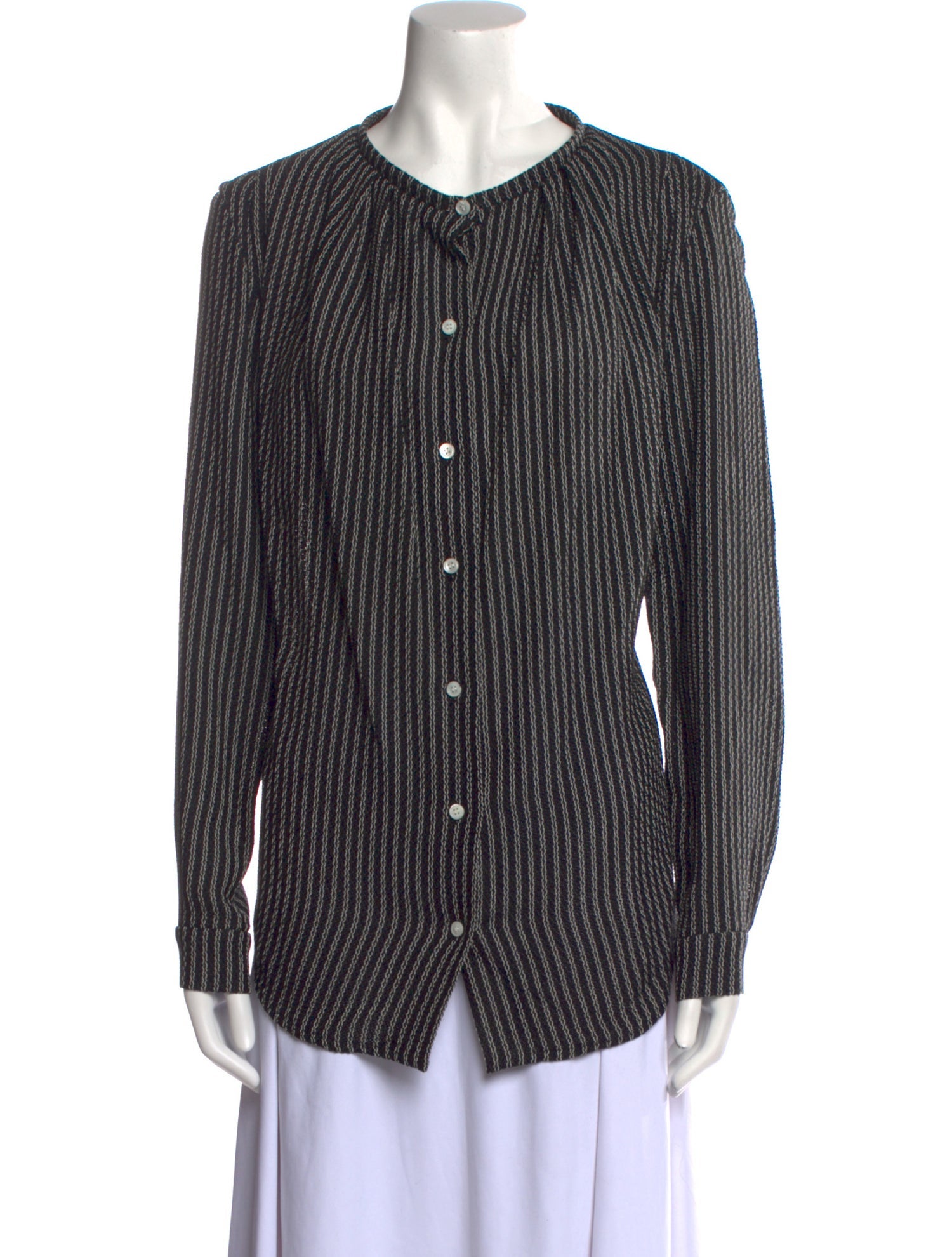 David Szeto Striped Crew Neck Button-Up Top