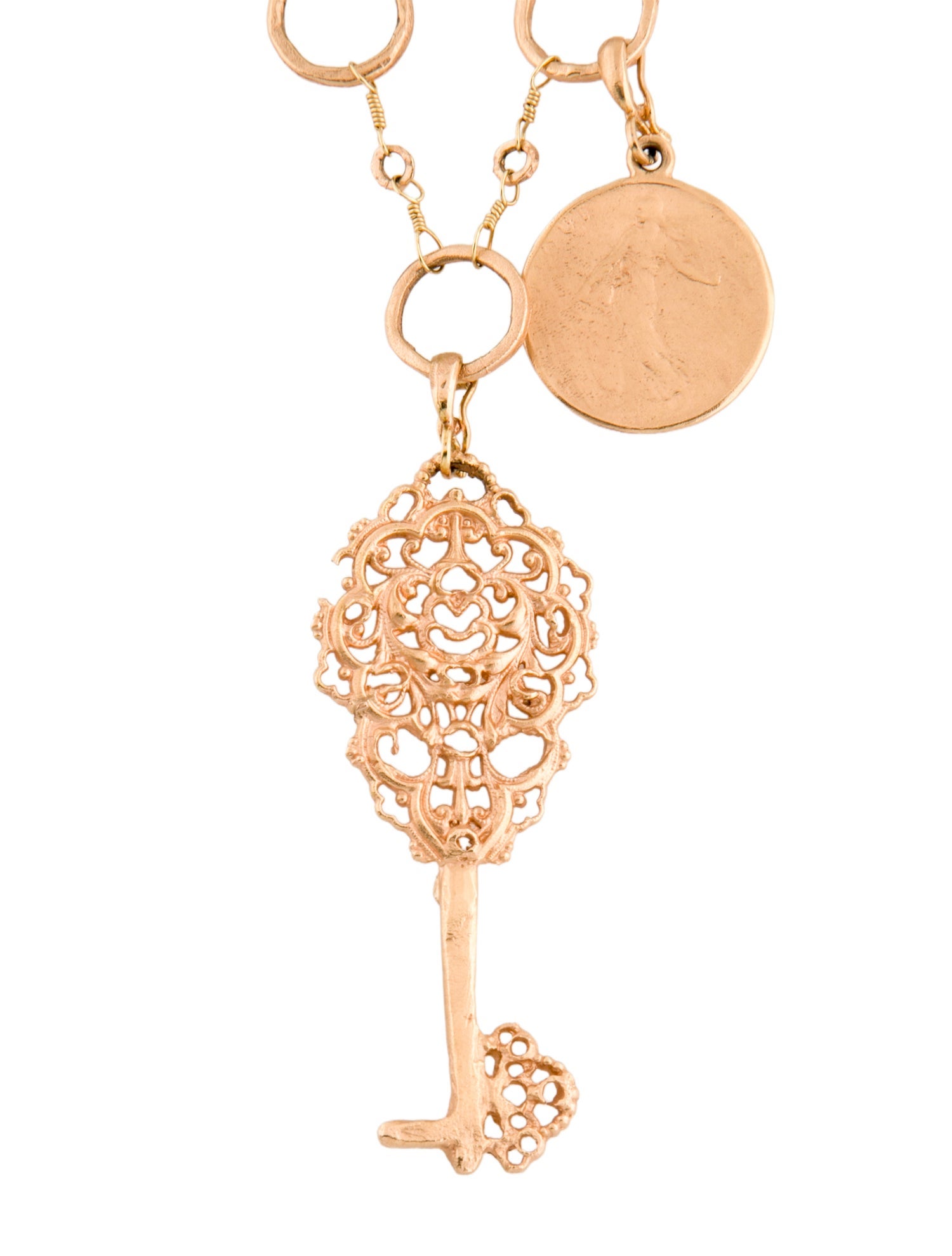 Dominique Cohen 18K Large Classic Floral Lace Key & Goddess Coin Pendant Necklace
