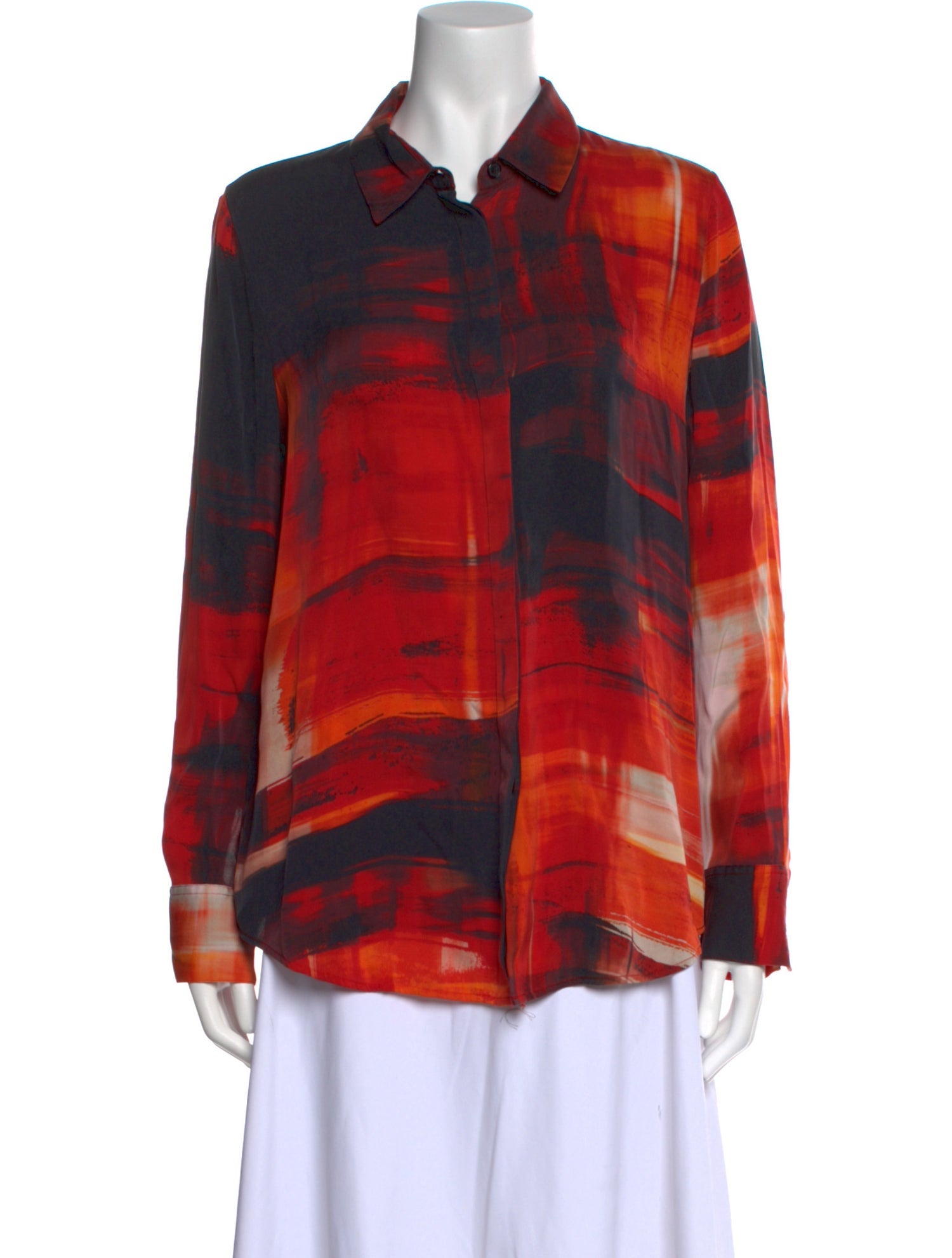 Donna Karan Silk Plaid Print Button-Up Top