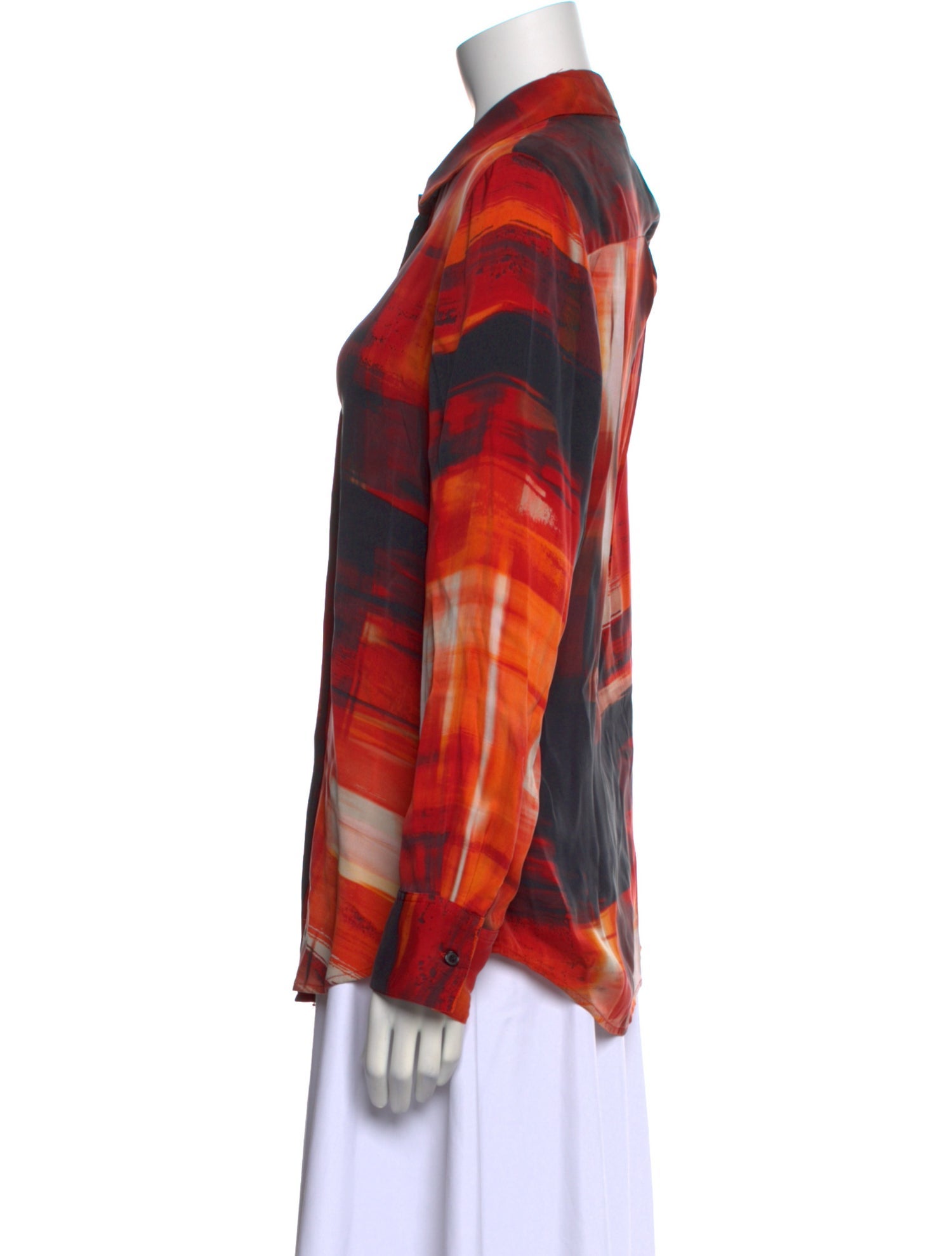 Donna Karan Silk Plaid Print Button-Up Top