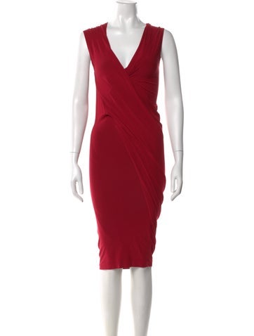 Pre-owned Donna Karan V-neck Midi Length Dress In Red