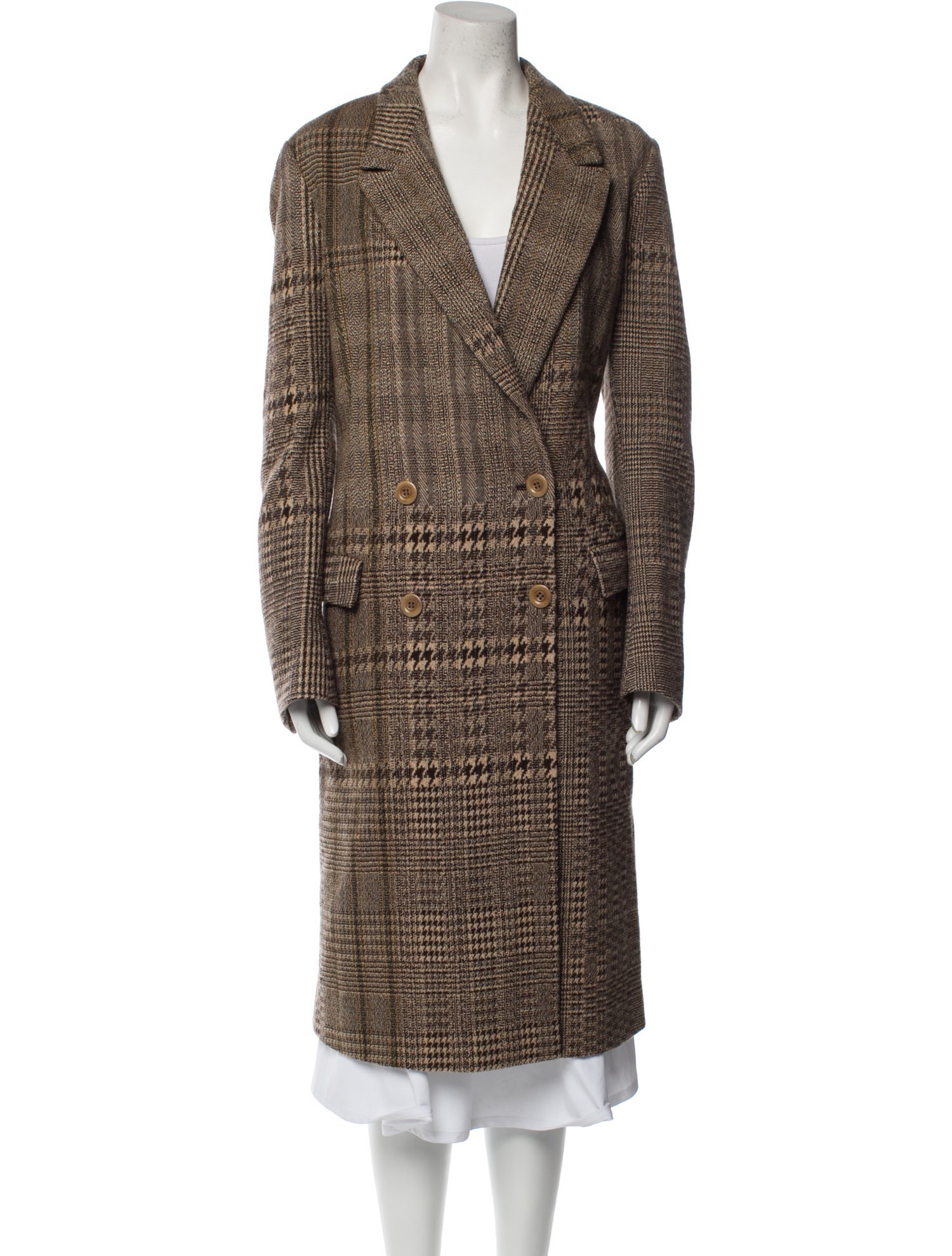 Dries Van Noten Wool Plaid Print Faux Fur Coat