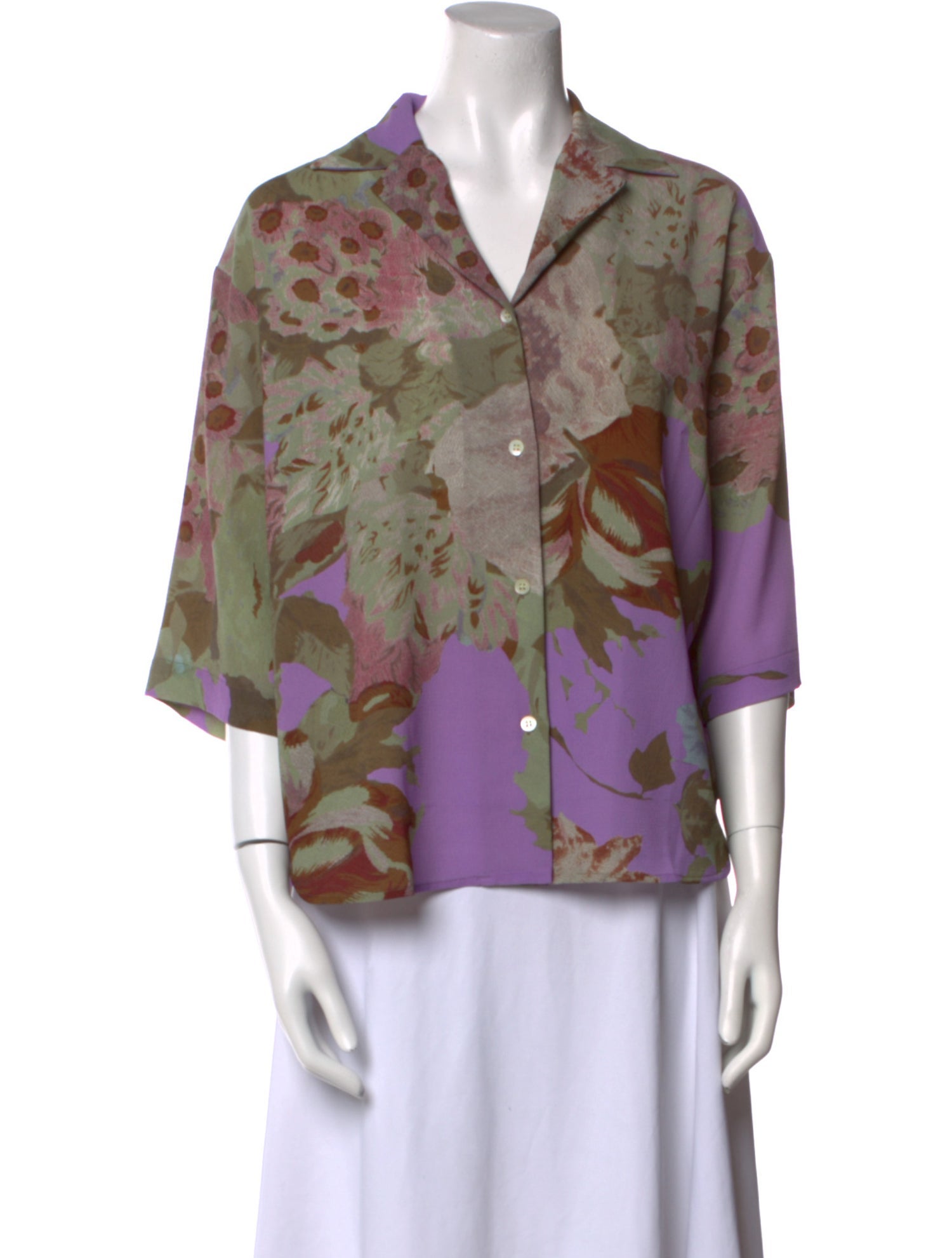 Dries Van Noten Floral Print Three-Quarter Sleeve Blouse - Purple Tops, Clothing - DRI169208 ...