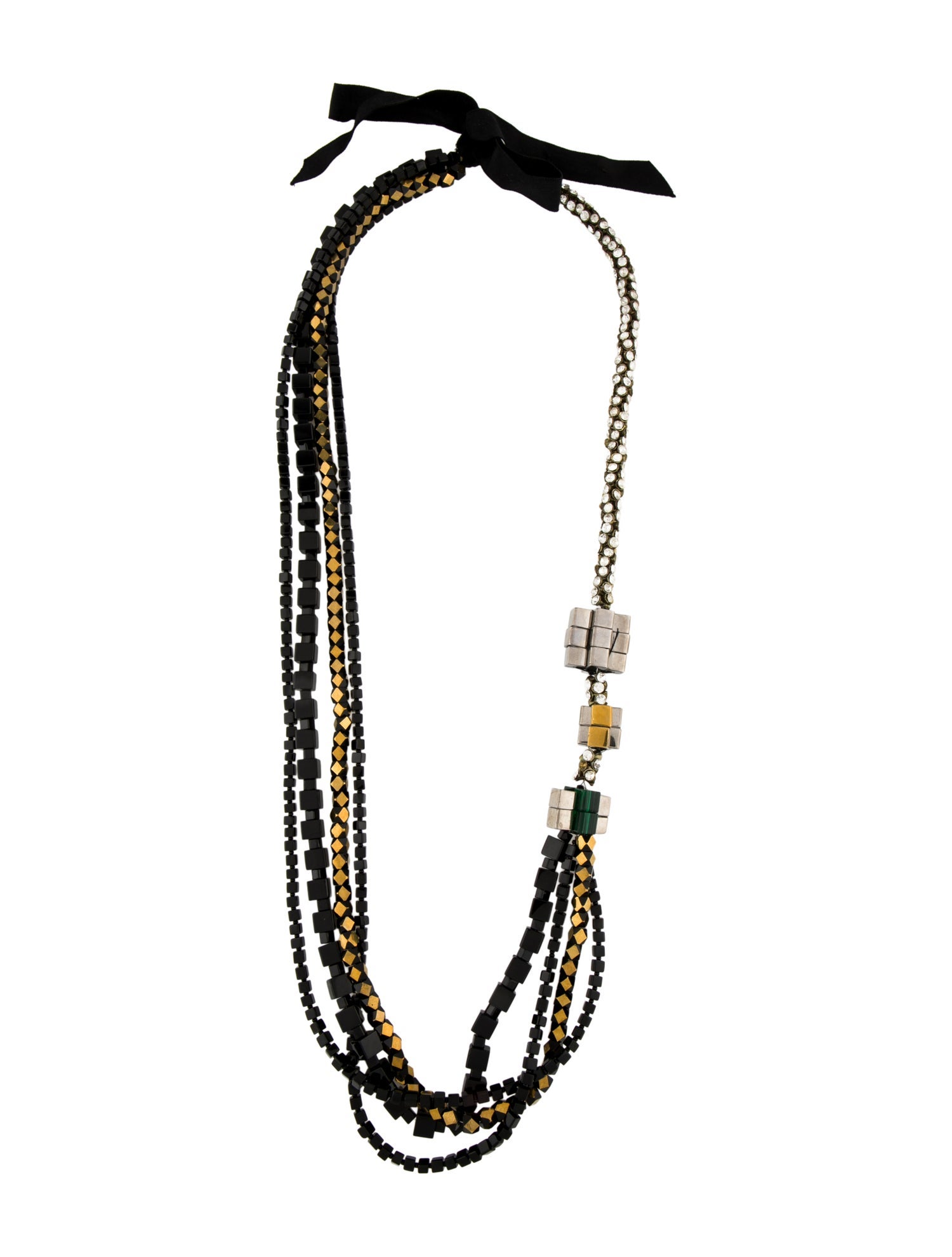 Dries Van Noten Crystal, Resin Bead & Grosgrain Multistrand Necklace