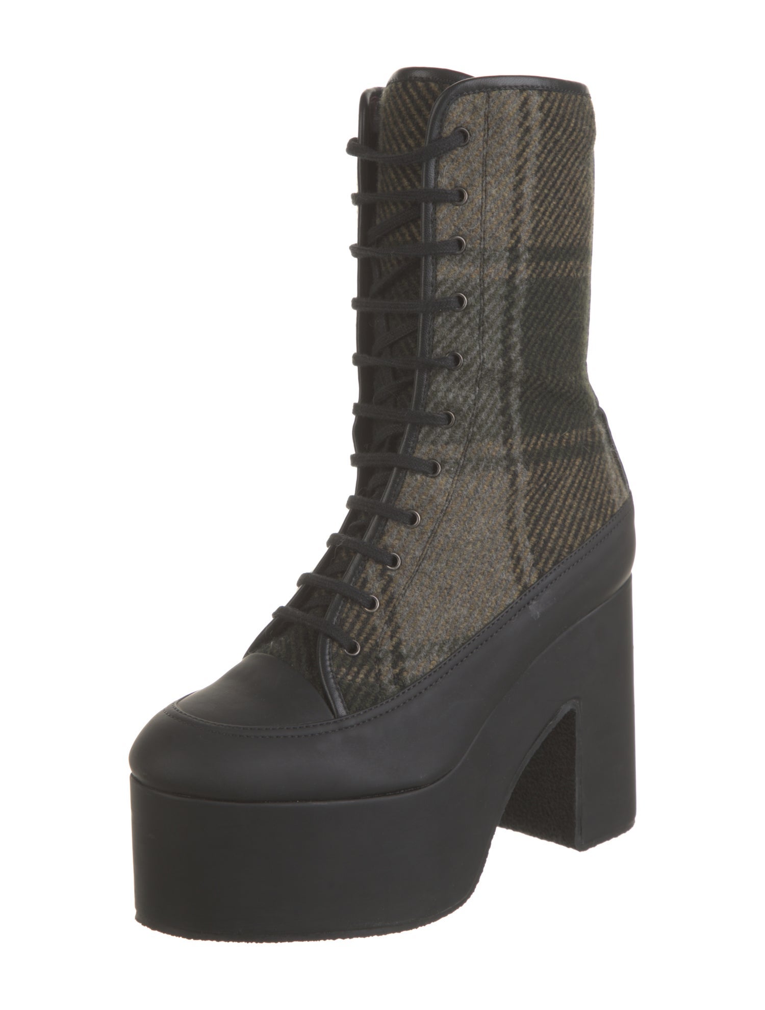 Dries Van Noten Wool Plaid Print Lace-Up Boots