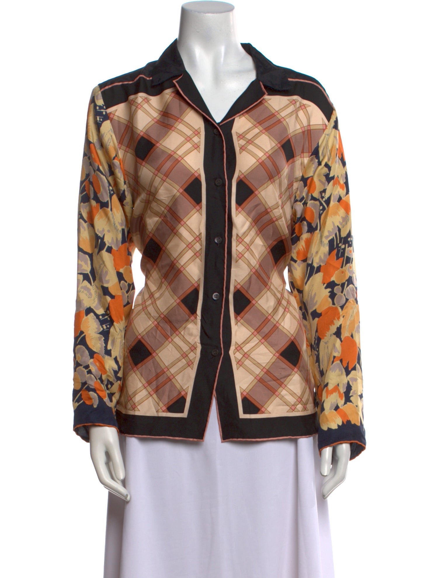 Dries Van Noten Silk Plaid Print Button-Up Top