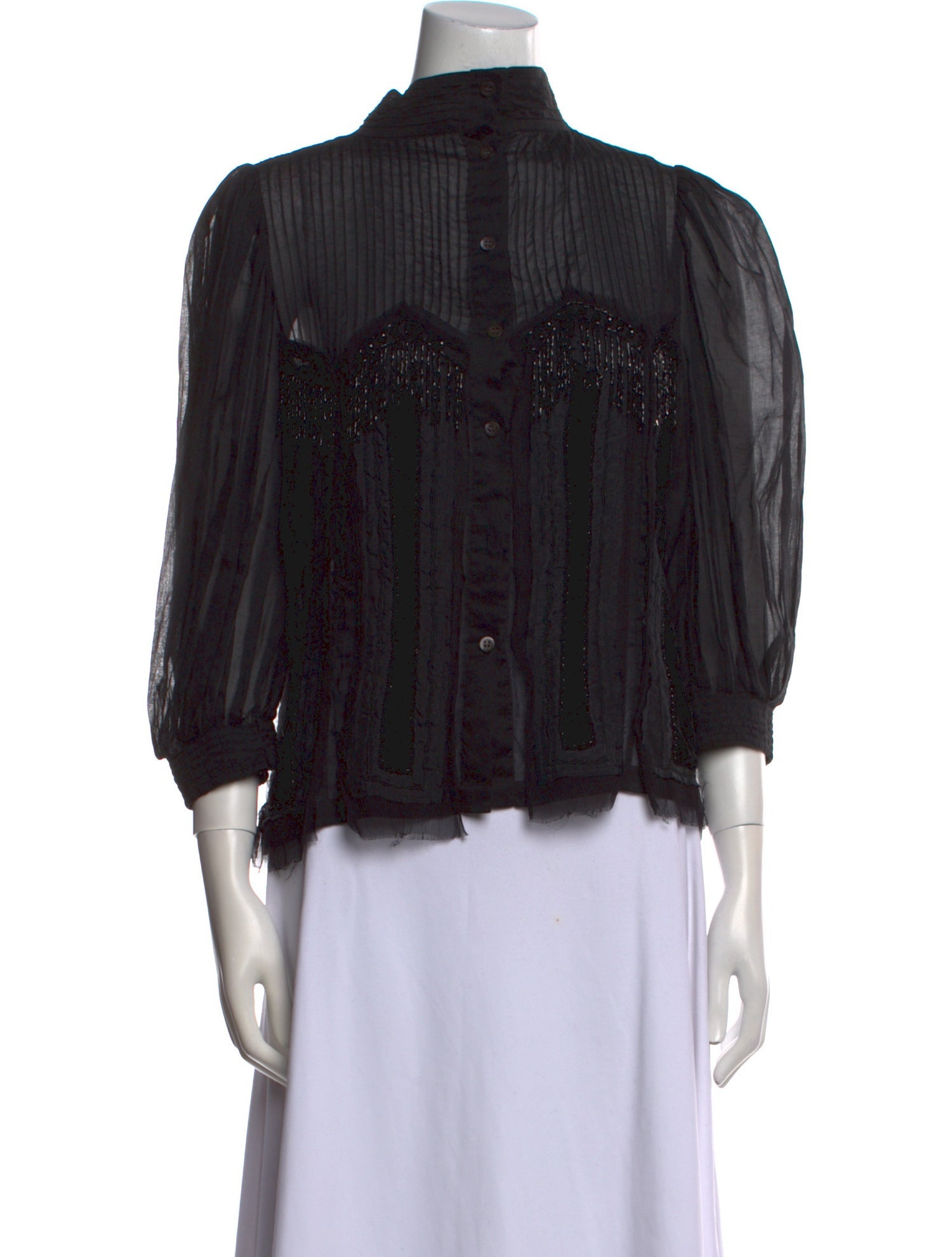 Dries Van Noten Mock Neck Three-Quarter Sleeve Button-Up Top