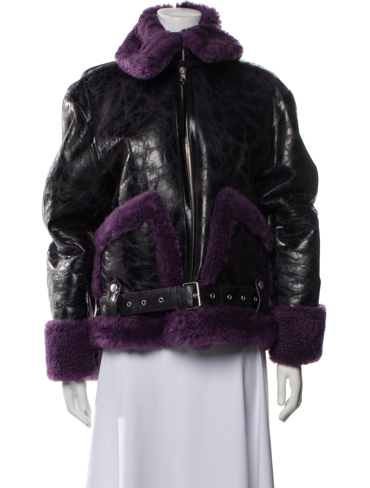 Dries Van Noten Leather Printed Faux Fur Jacket