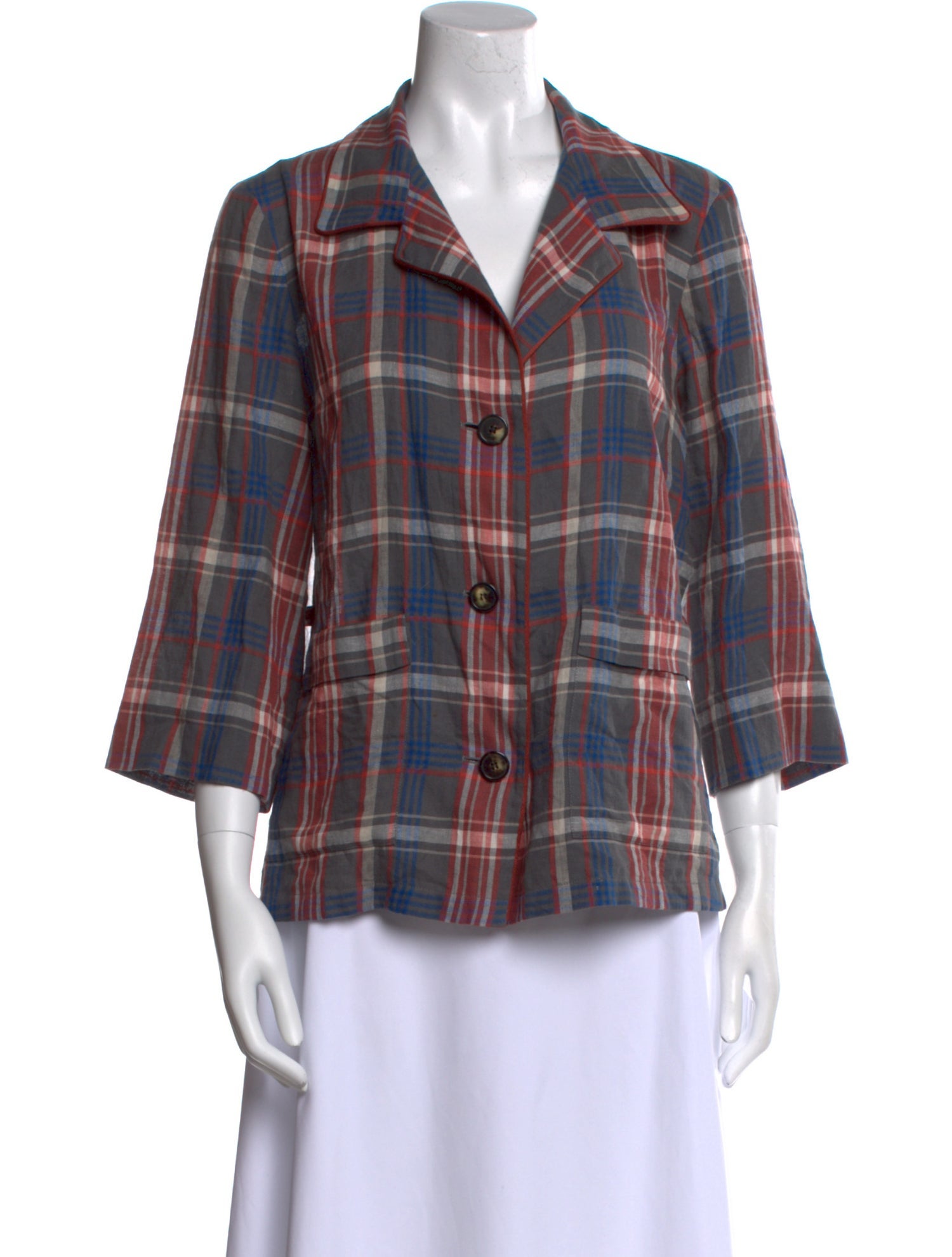 Dries Van Noten Plaid Print Three-Quarter Sleeve Button-Up Top