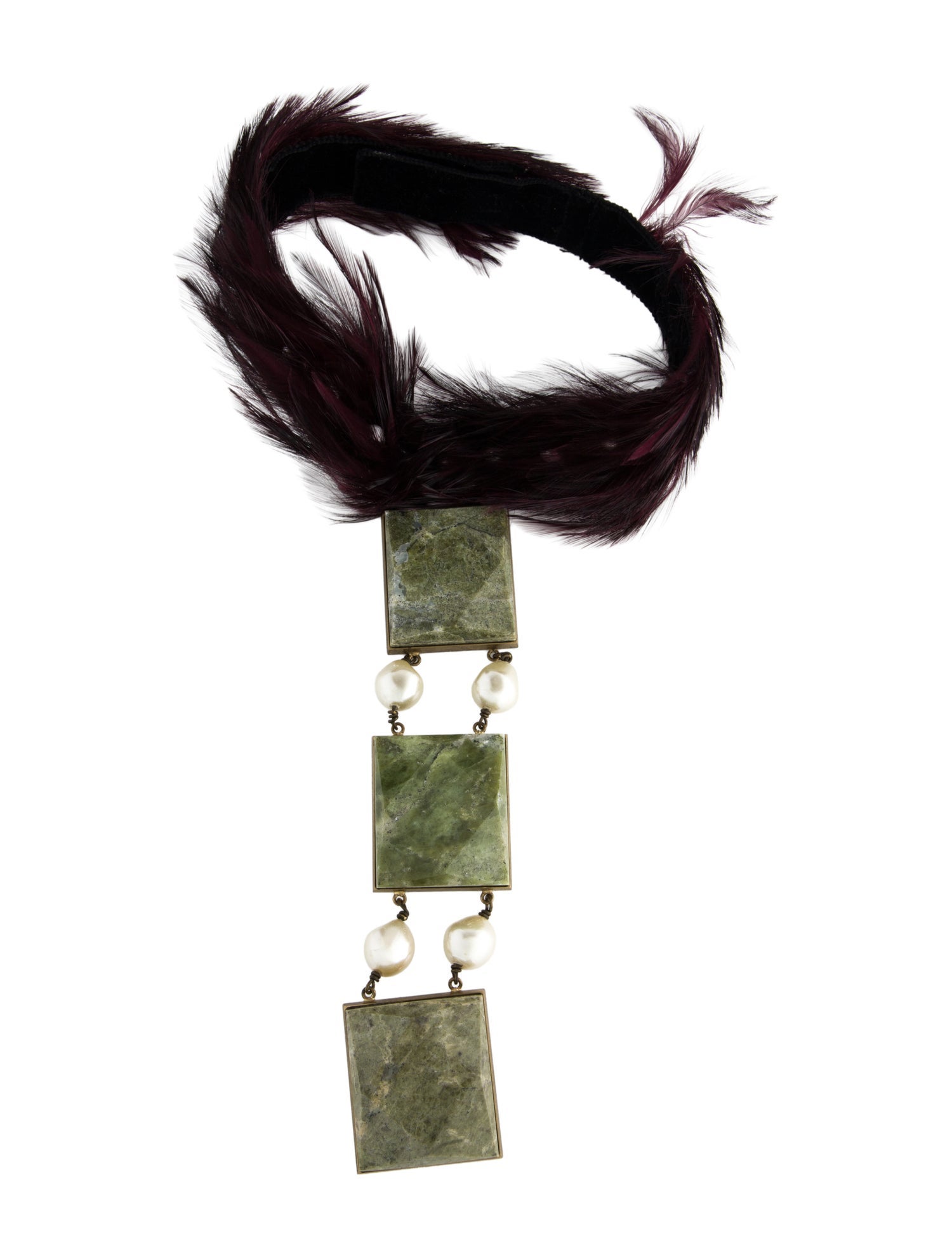 Dries Van Noten Faux Pearl, Feather, & Stone Pendant Necklace.