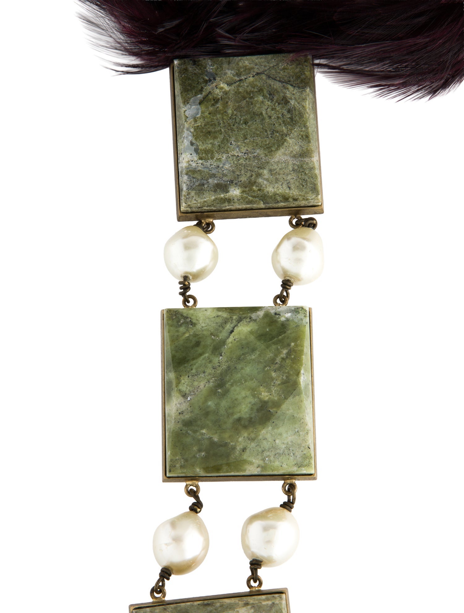 Dries Van Noten Faux Pearl, Feather, & Stone Pendant Necklace.