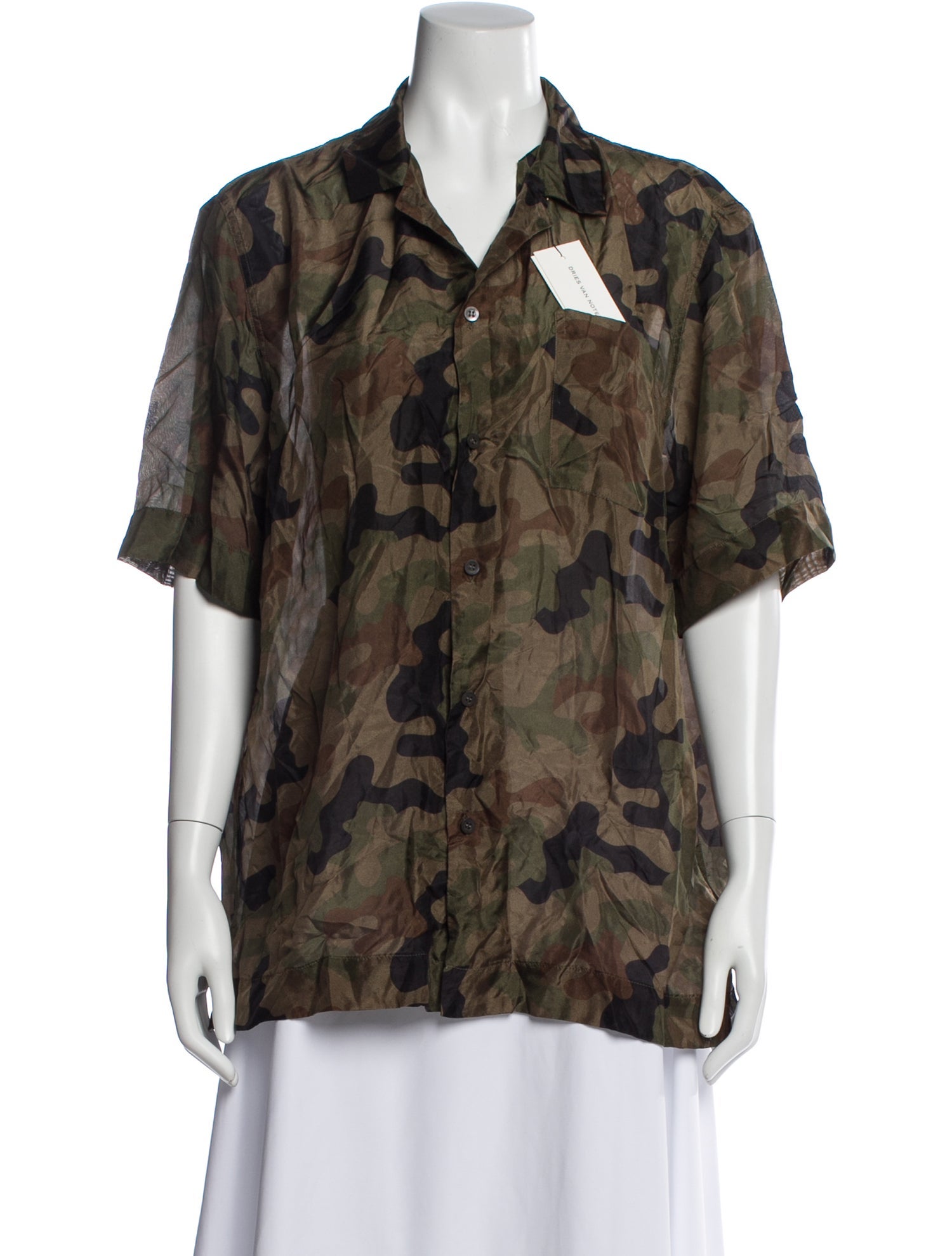 Dries Van Noten Silk Camouflage Print Button-Up Top w/ Tags