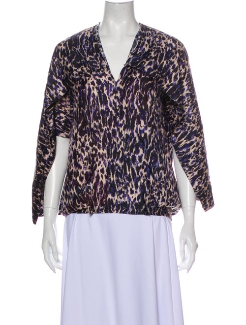 Dries Van Noten Animal Print V-Neck Top Blue