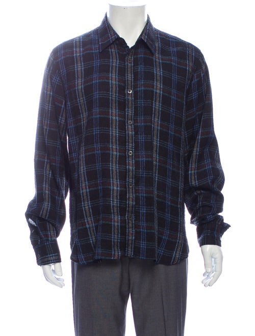 Dries Van Noten Silk Plaid Print Shirt Blue