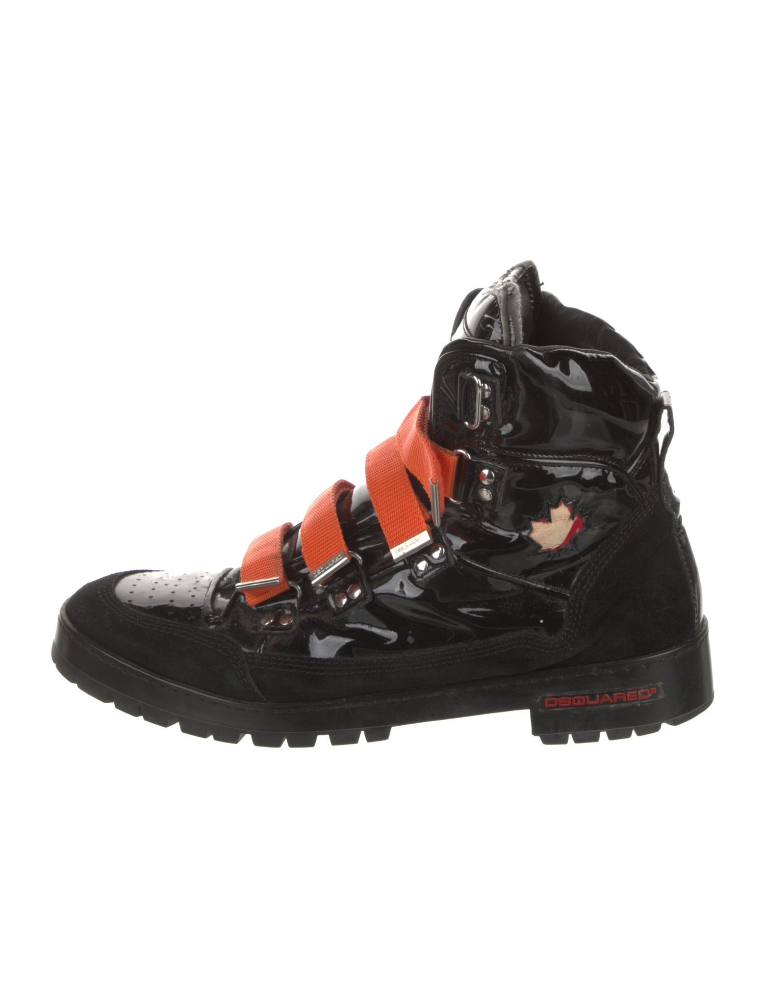 Dsquared² Patent Leather Embroidered Accent Hiking Boots Black Boots