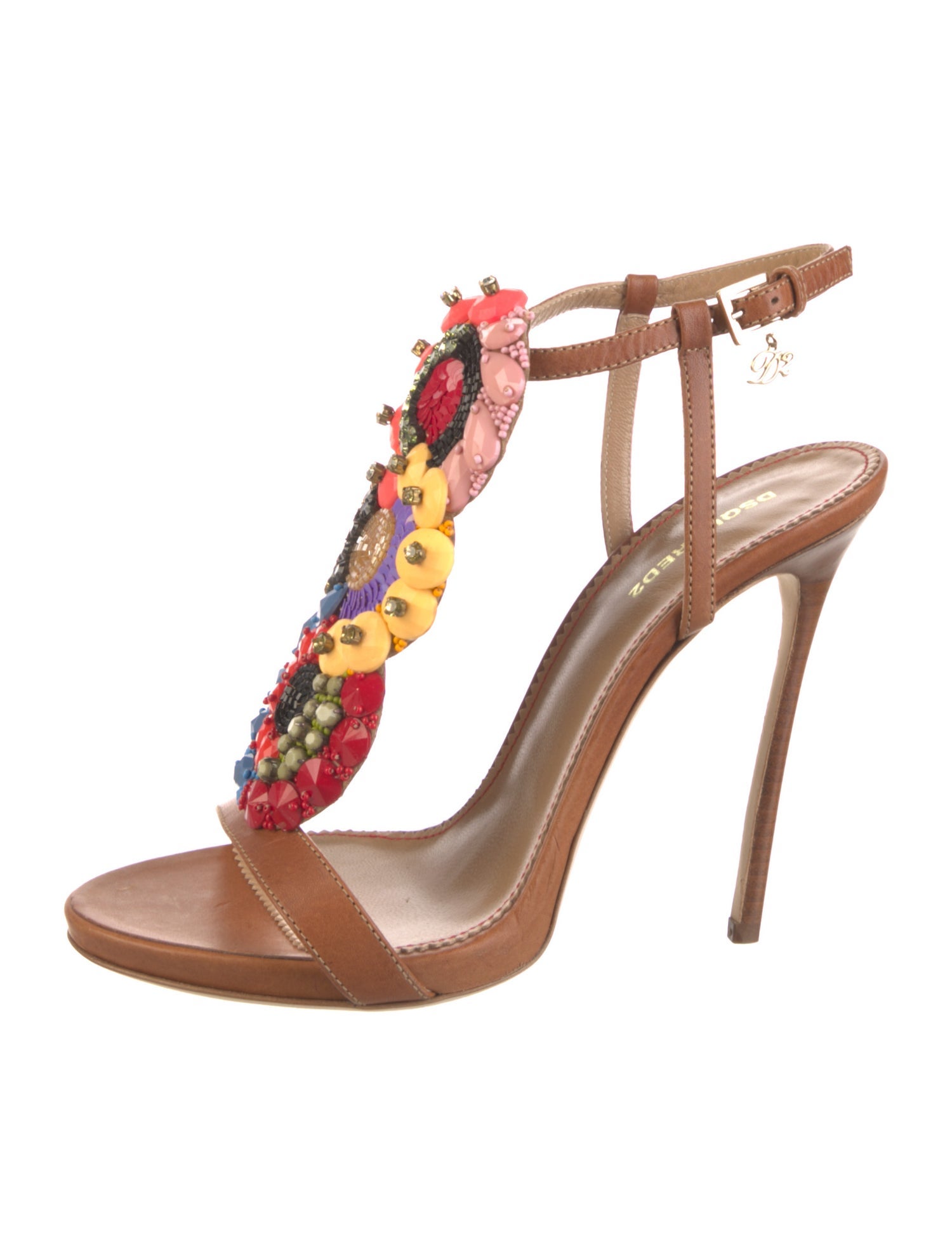 Dsquared² Leather Crystal Embellishments T-Strap Sandals
