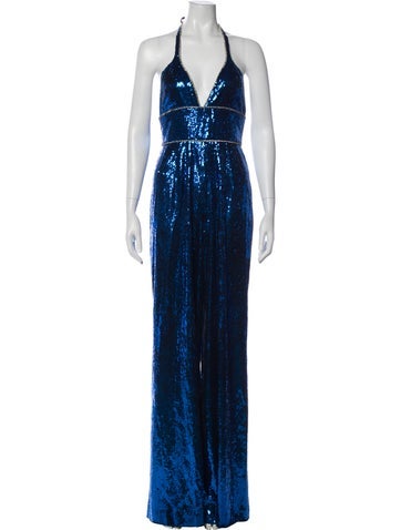 Pre-owned Dundas Sequin Halterneck Jumpsuit In Blue