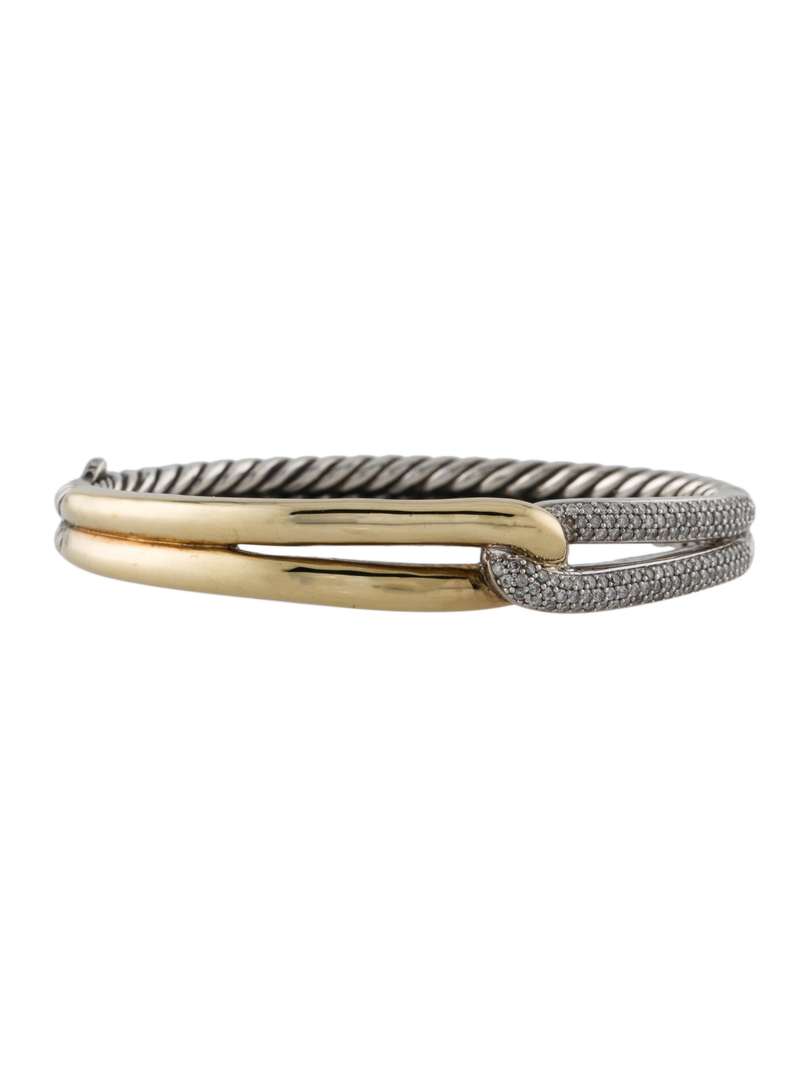 David Yurman Diamond TwoTone Labyrinth SingleLoop Bracelet 18K Yellow Gold Bangle, Bracelets