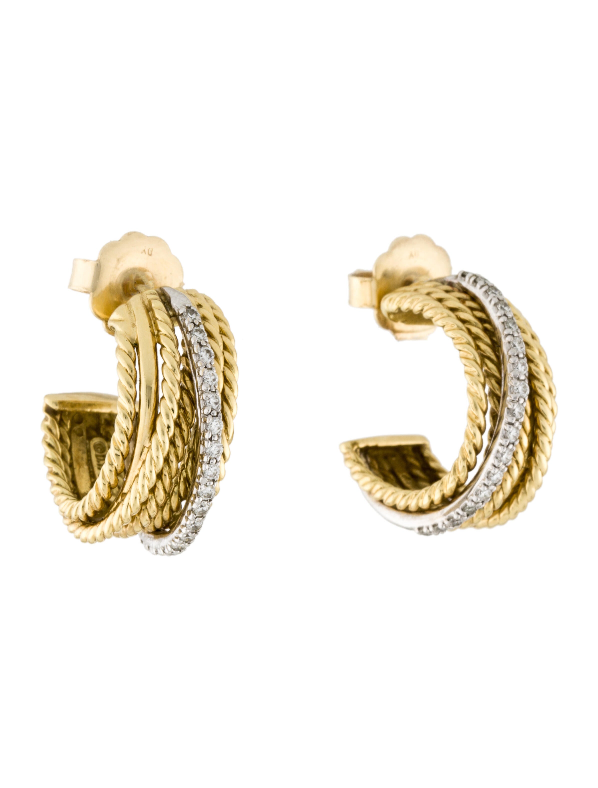 David Yurman 18K Diamond Cable Crossover Hoop Earrings