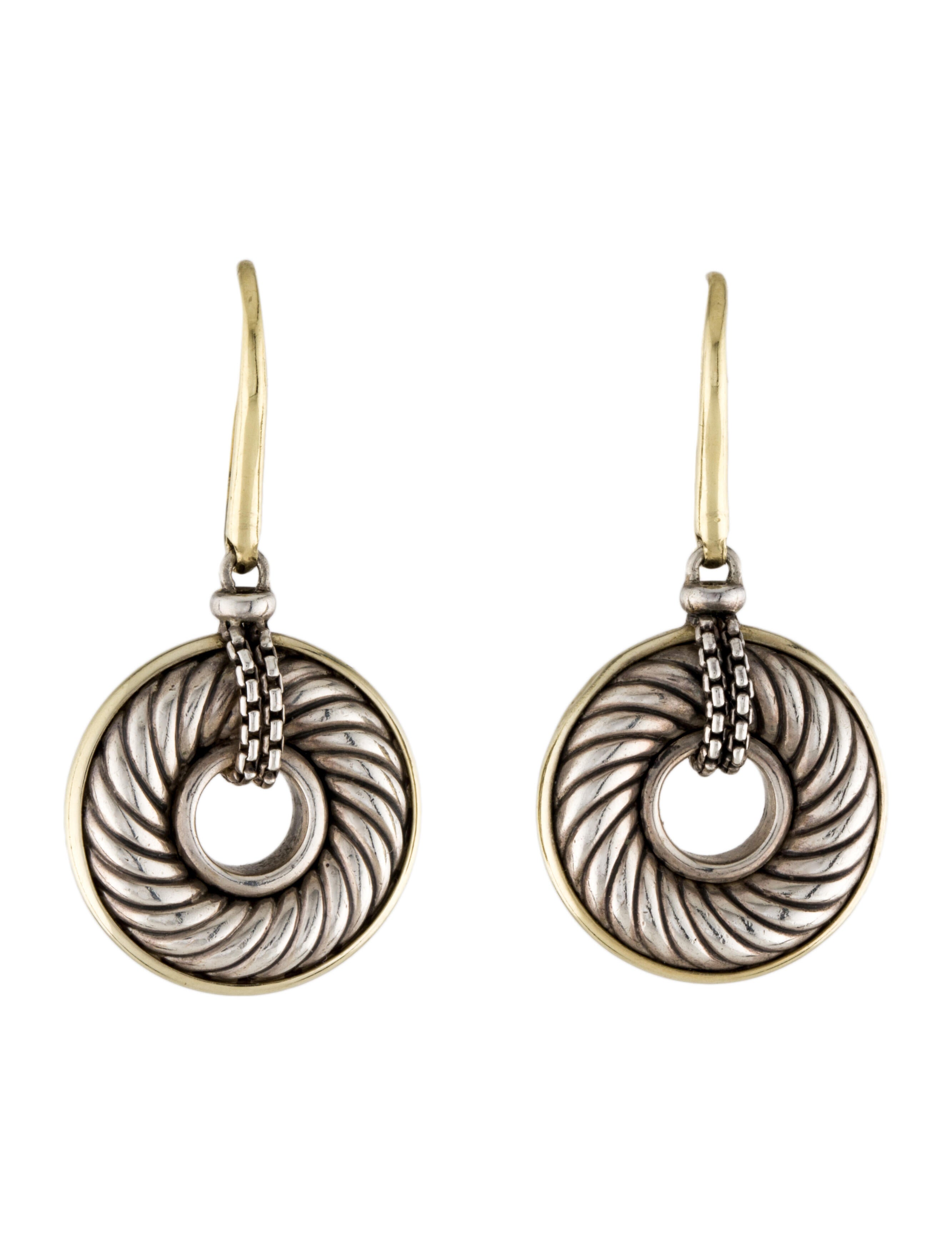 David Yurman TwoTone Cable Disk Earrings 18K Yellow Gold Drop