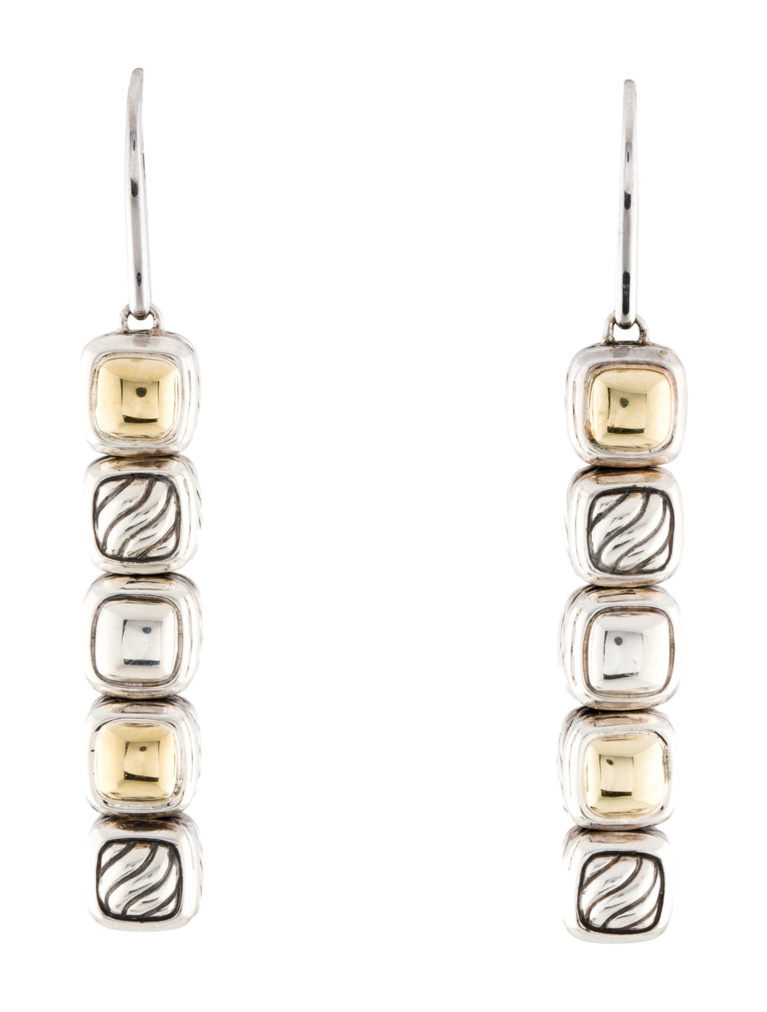 David Yurman TwoTone Chiclet Linear Drop Earrings 18K Yellow Gold