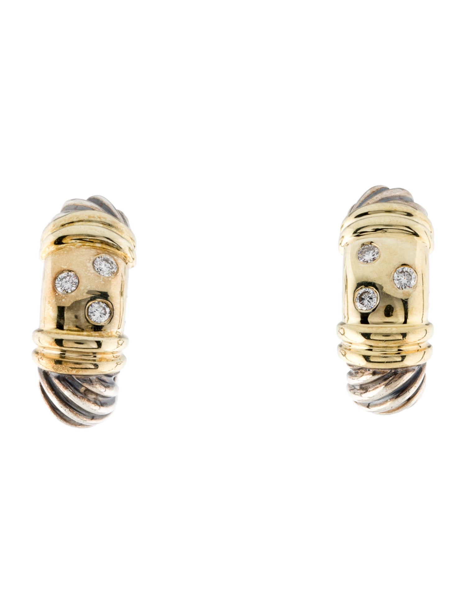 David Yurman Diamond TwoTone Metro Cable Earclips 14K Yellow Gold