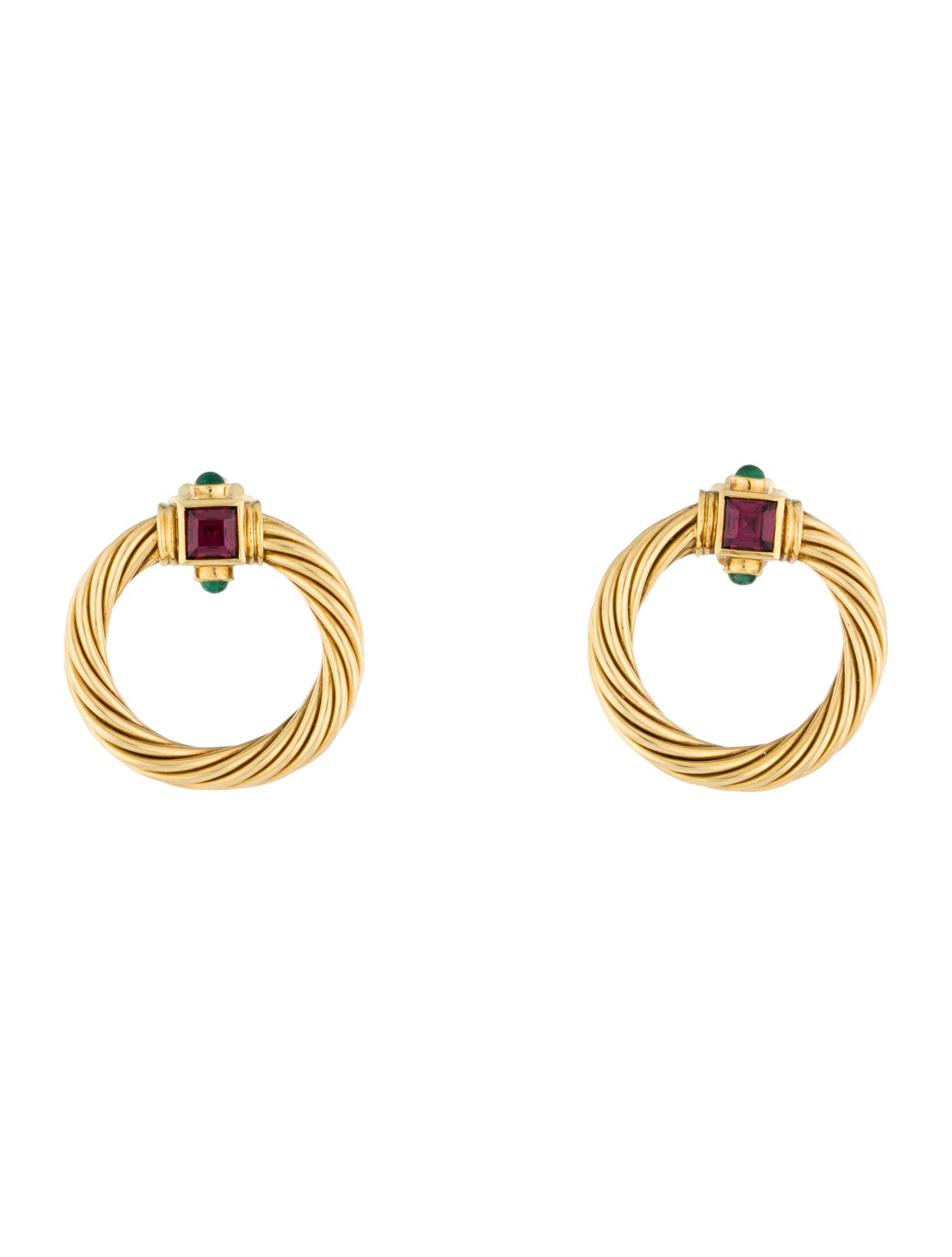 David Yurman 18K Rhodolite & Emerald Drop Cable Circle Earrings