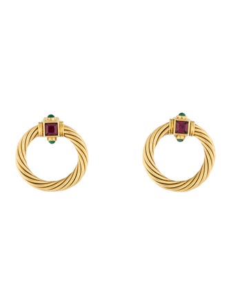 David Yurman 18K Rhodolite & Emerald Drop Cable Circle Earrings
