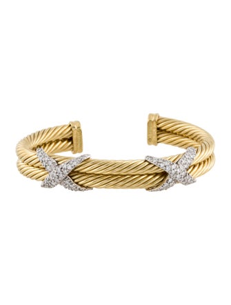 David Yurman 18K 1.44ctw Diamond Double Cable 'X' Cuff Bracelet