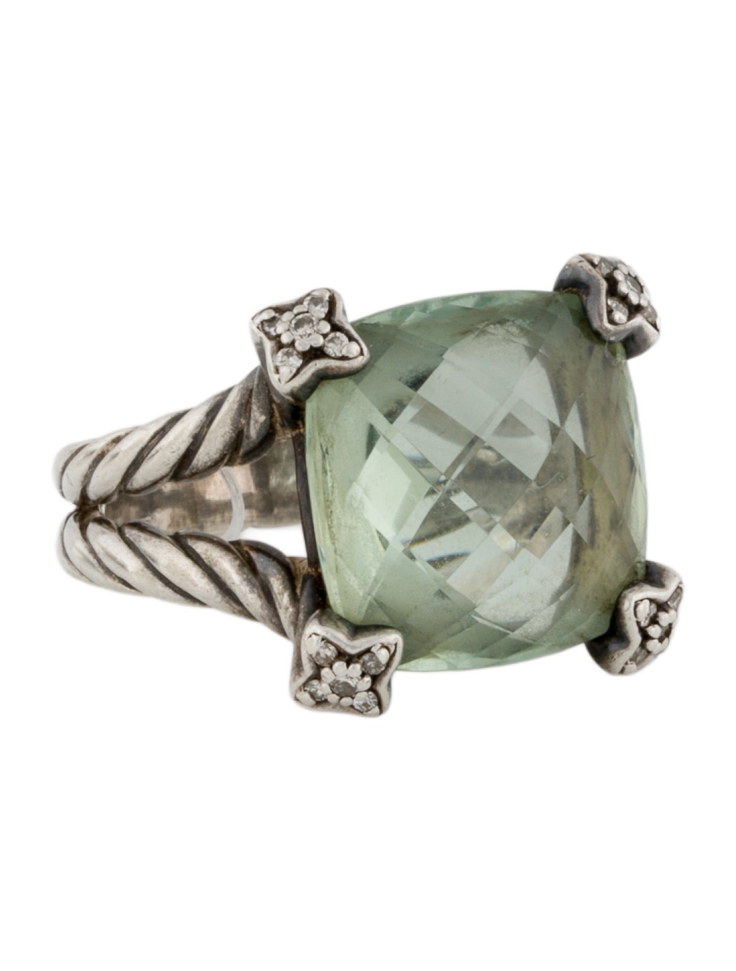 David Yurman Diamond & Prasiolite Cushion On Point Cocktail Ring
