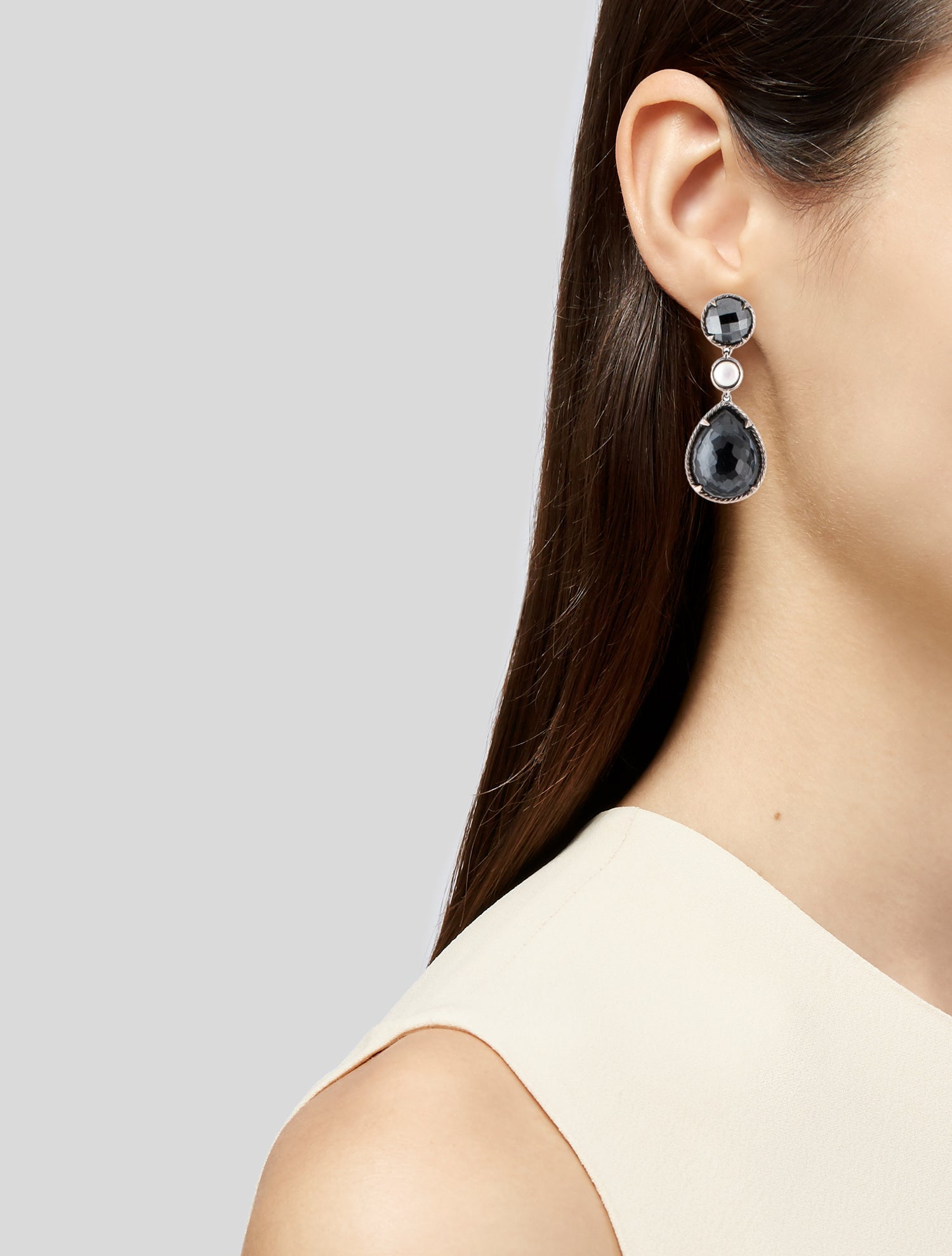 David Yurman Mother of Pearl, Hematine & Quartz Doublet Grisaille Triple Drop Earrings