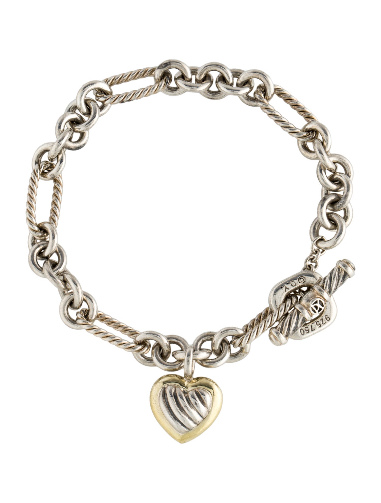 David Yurman Two-Tone Cable Heart Charm Bracelet