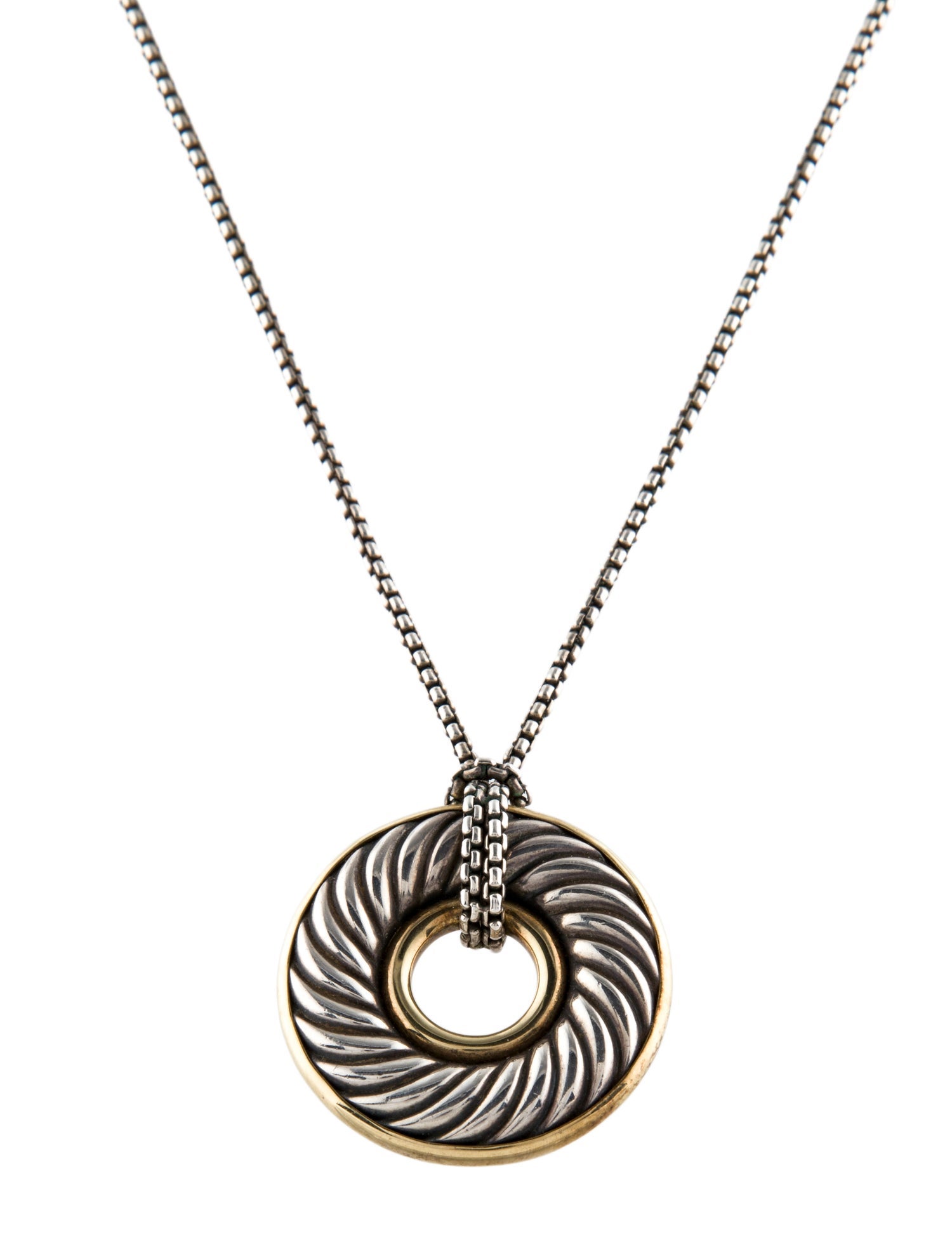 David Yurman Two-Tone Thoroughbred Carved Cable Circle Pendant Necklace
