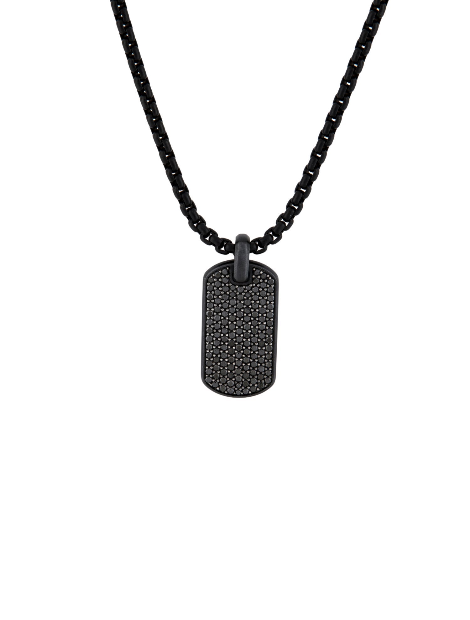 David Yurman Titanium Diamond Chevron Dg Tag w/ Stainless Steel Box Chain Necklace
