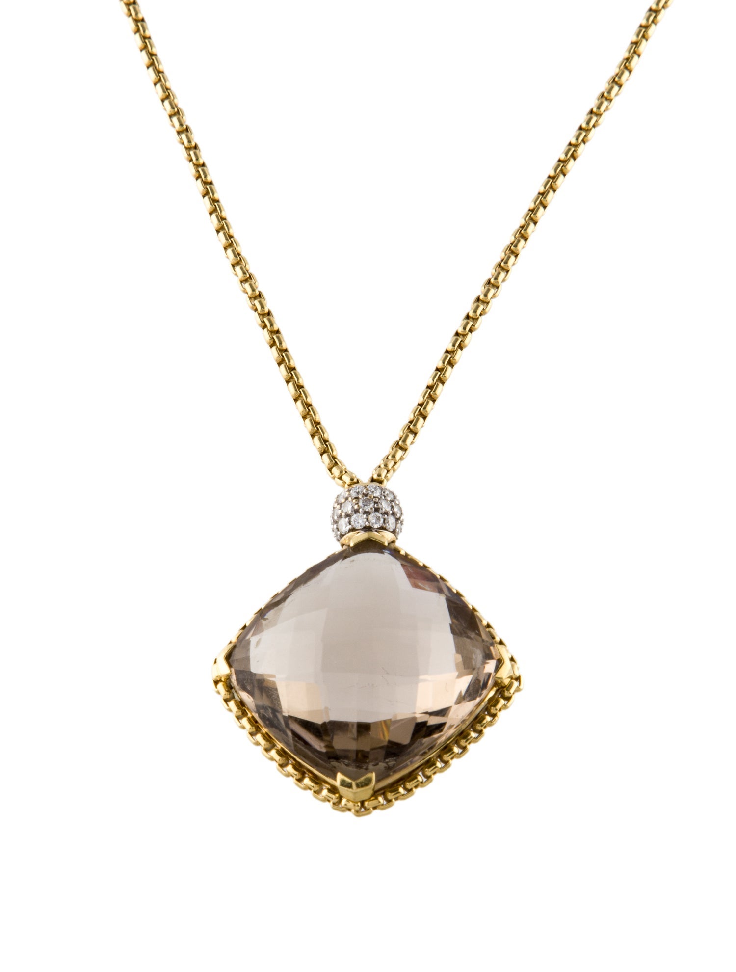David Yurman 18K Smokey Quartz & Diamond Cushion on Point Pendant Necklace