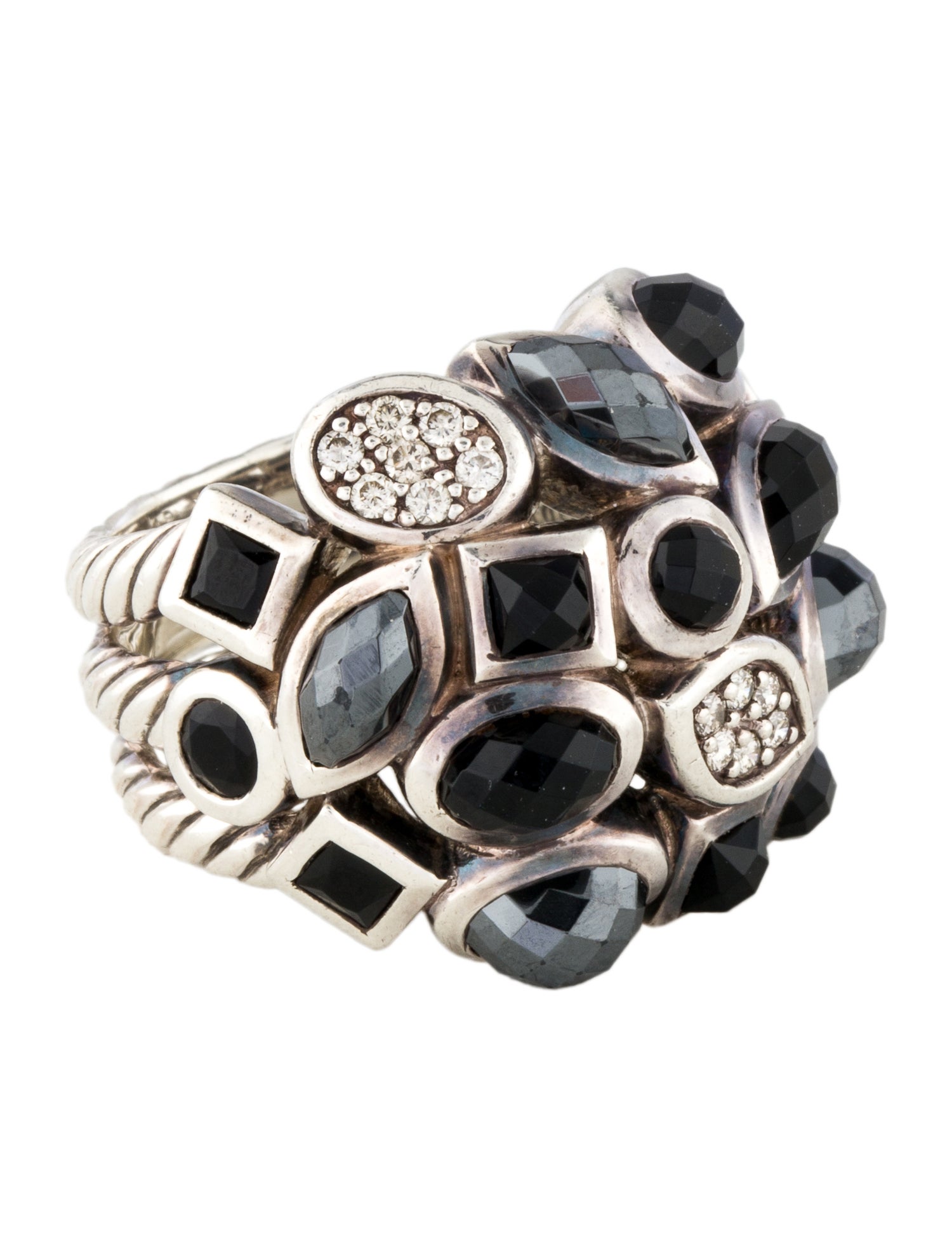 David Yurman Onyx, Hematine & Diamond Three-Row Confetti Cocktail Ring